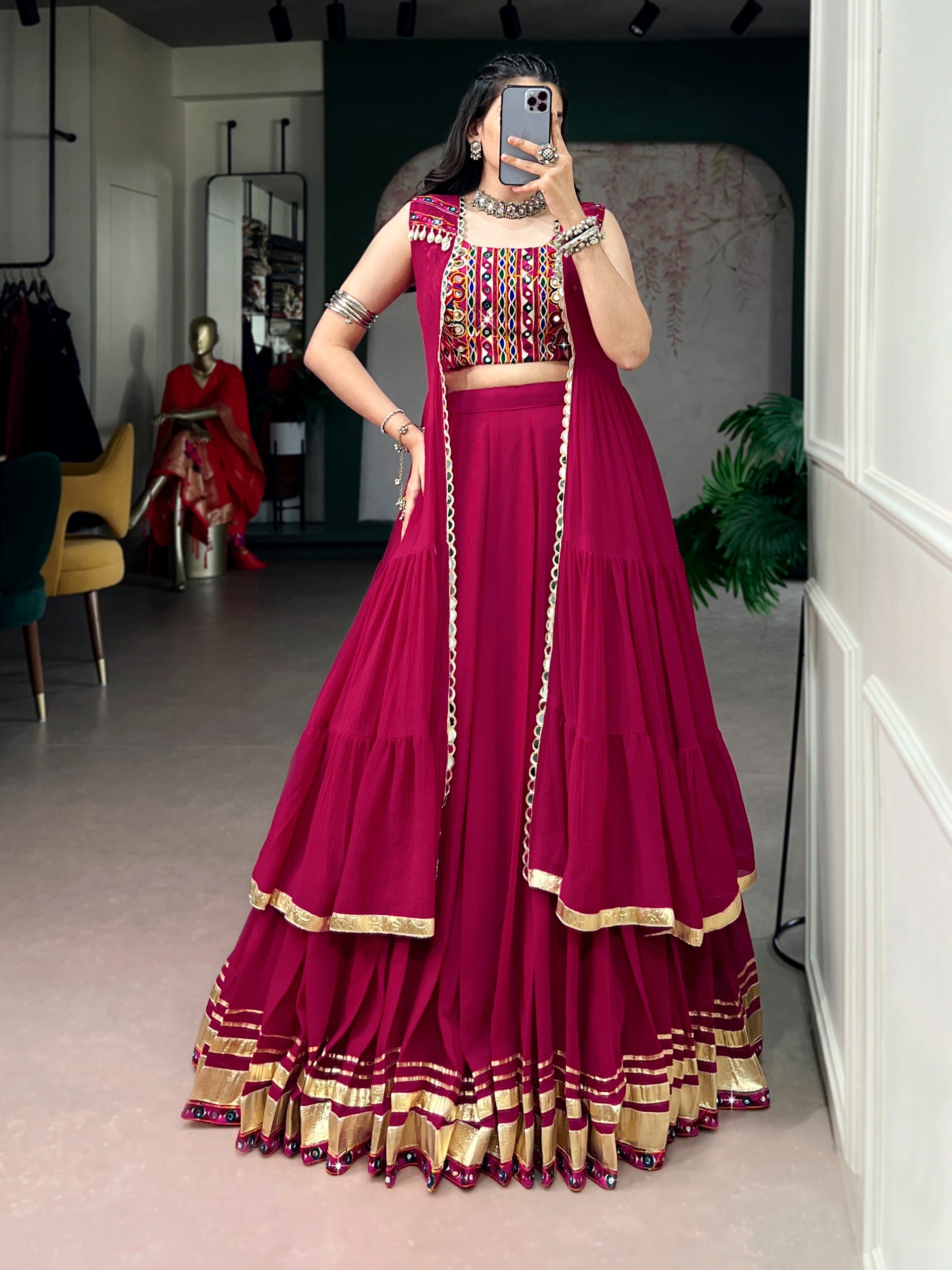 Women Designer Lehenga Set with Embroidered Blouse and Flared Long Koti