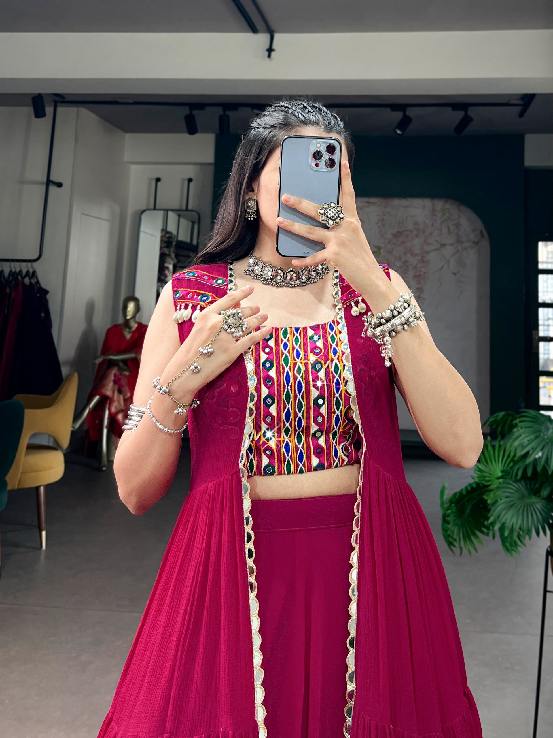 Women Designer Lehenga Set with Embroidered Blouse and Flared Long Koti