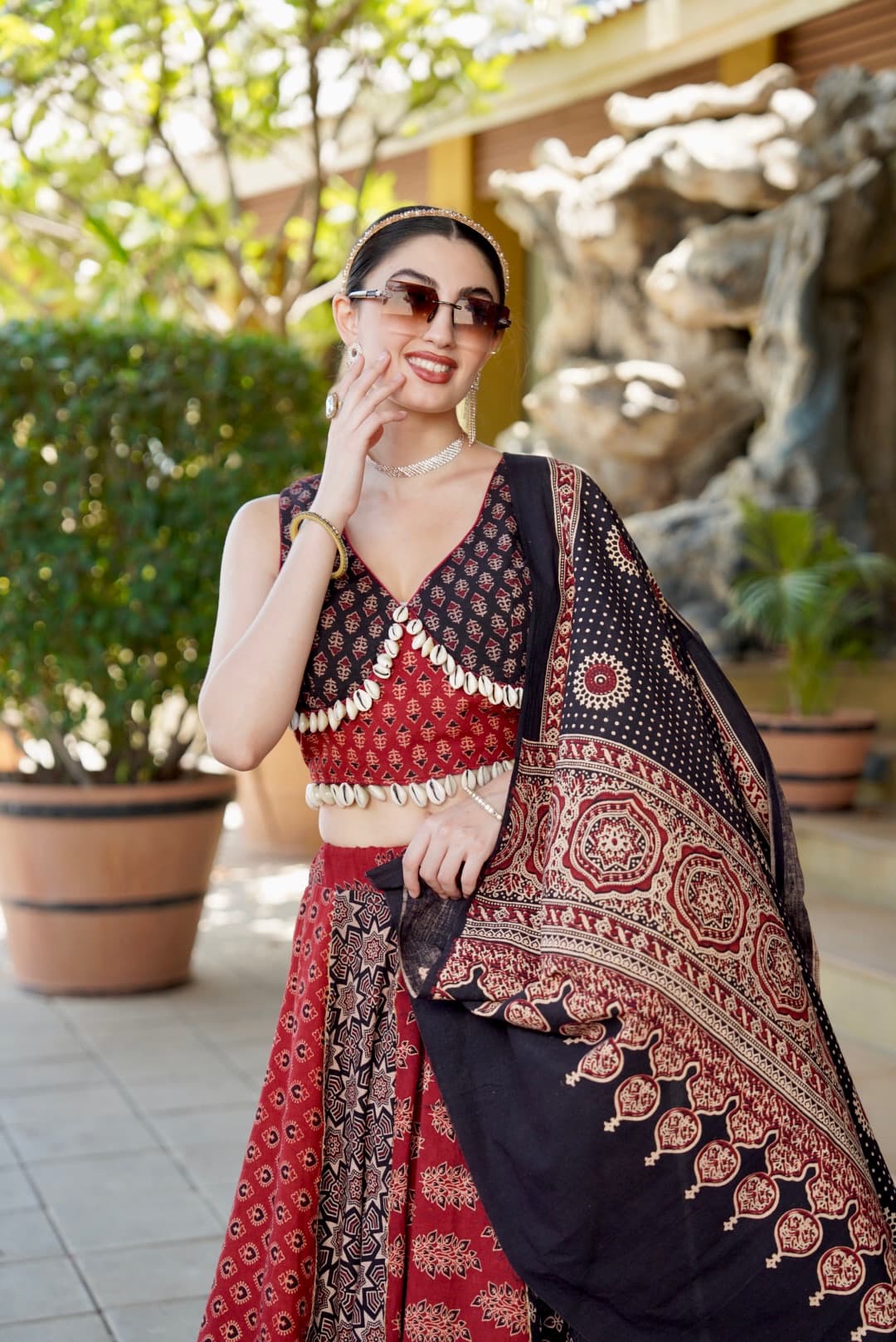 Women Designer Ajrakh Print Lehenga Choli with Traditional Ethnic Dupatta