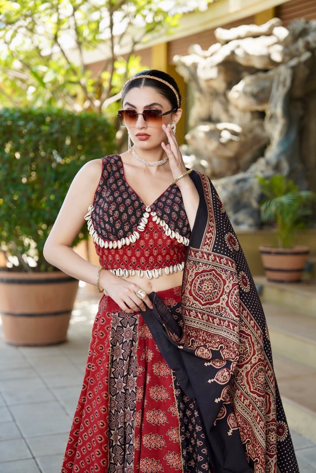 Women Designer Ajrakh Print Lehenga Choli with Traditional Ethnic Dupatta