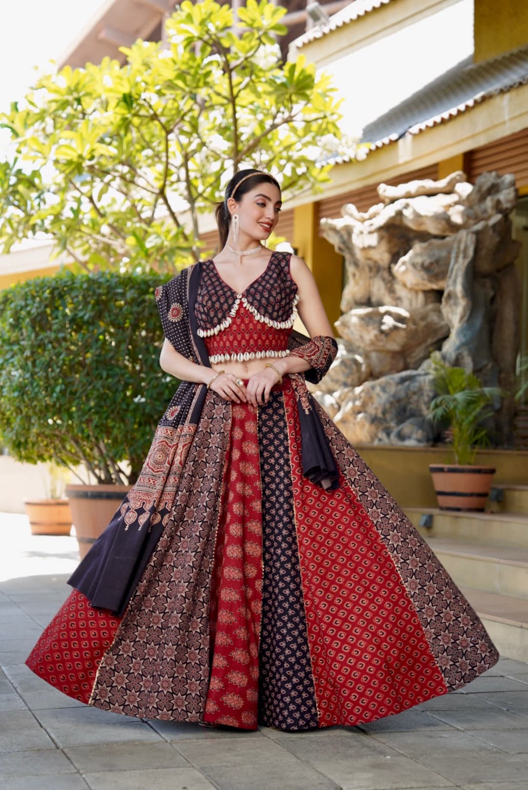 Women Designer Ajrakh Print Lehenga Choli with Traditional Ethnic Dupatta