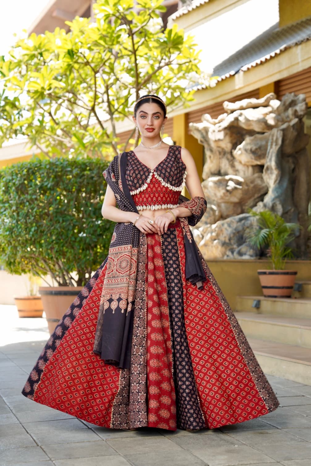 Women Designer Ajrakh Print Lehenga Choli with Traditional Ethnic Dupatta