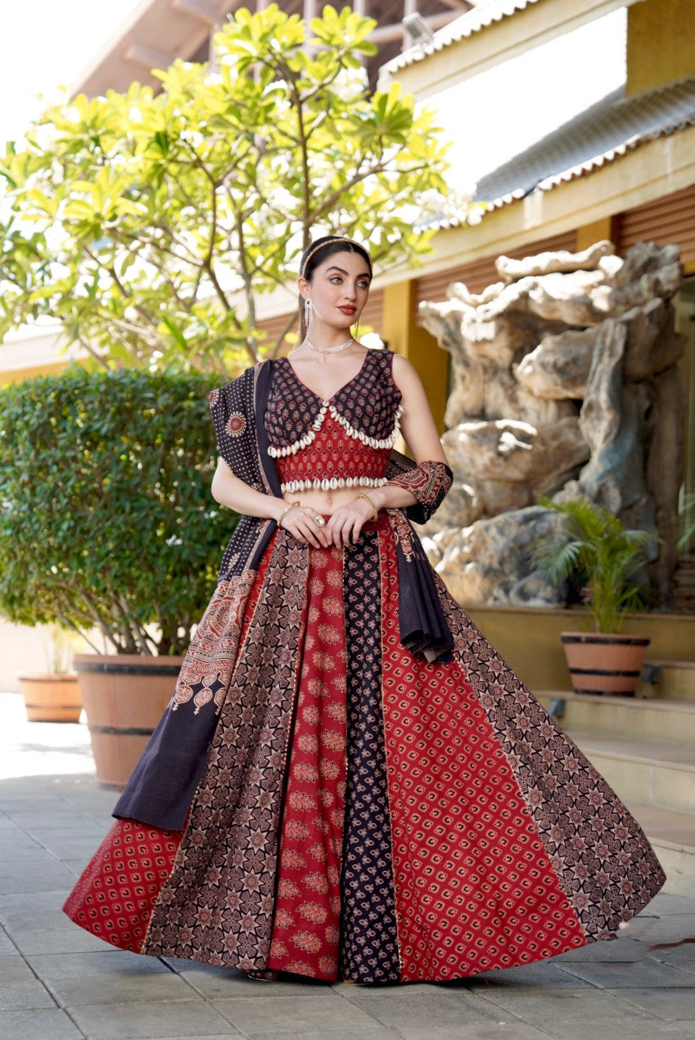 Women Designer Ajrakh Print Lehenga Choli with Traditional Ethnic Dupatta