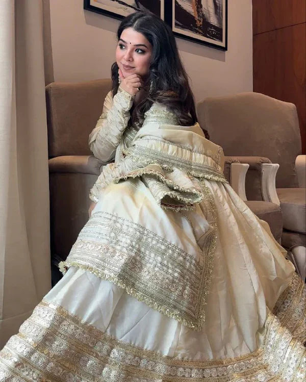 White Premium Chinnon Silk Full Flaired Anarkali Set