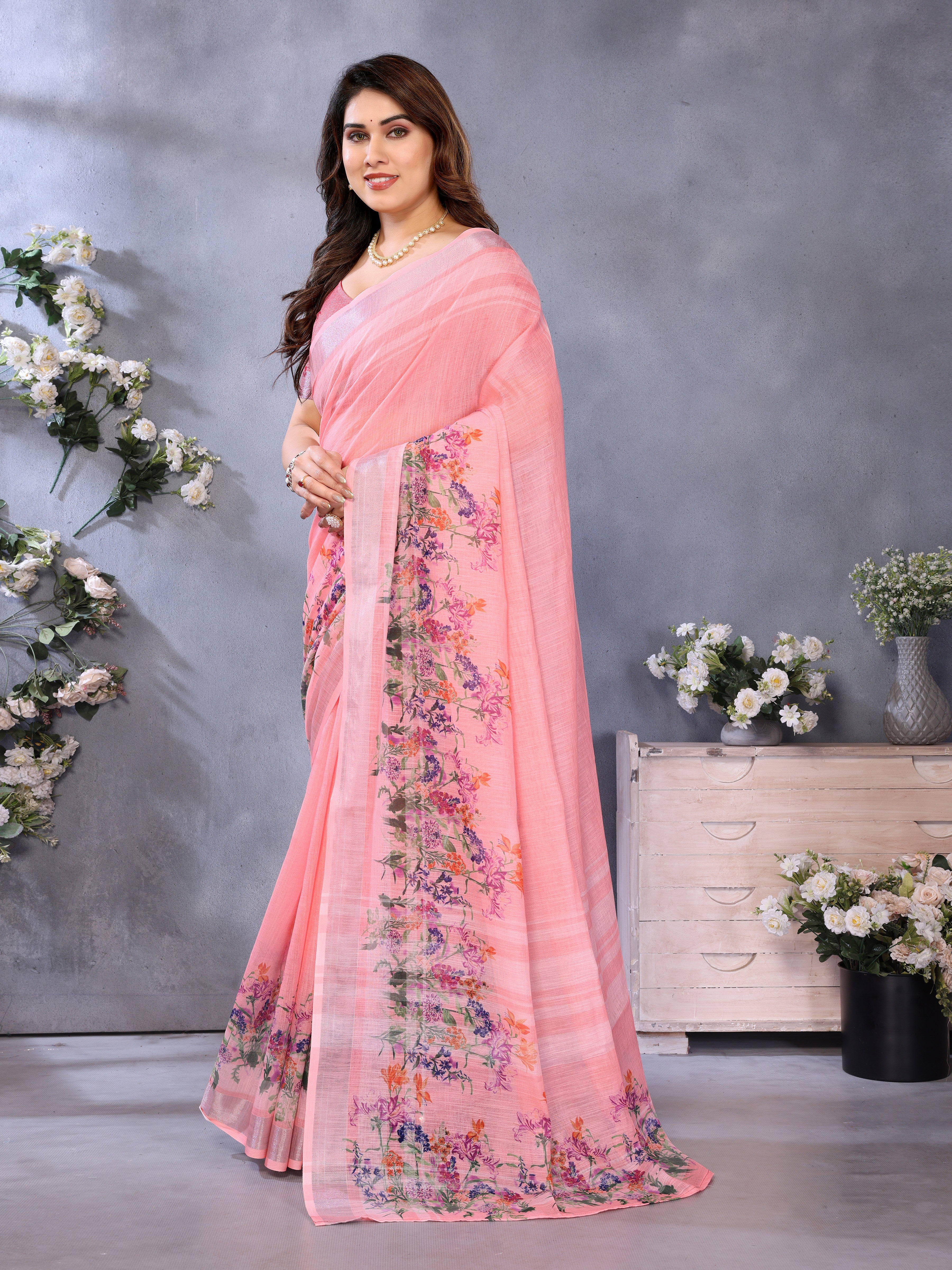 Women Premium Linen Cotton digital Printed Saree