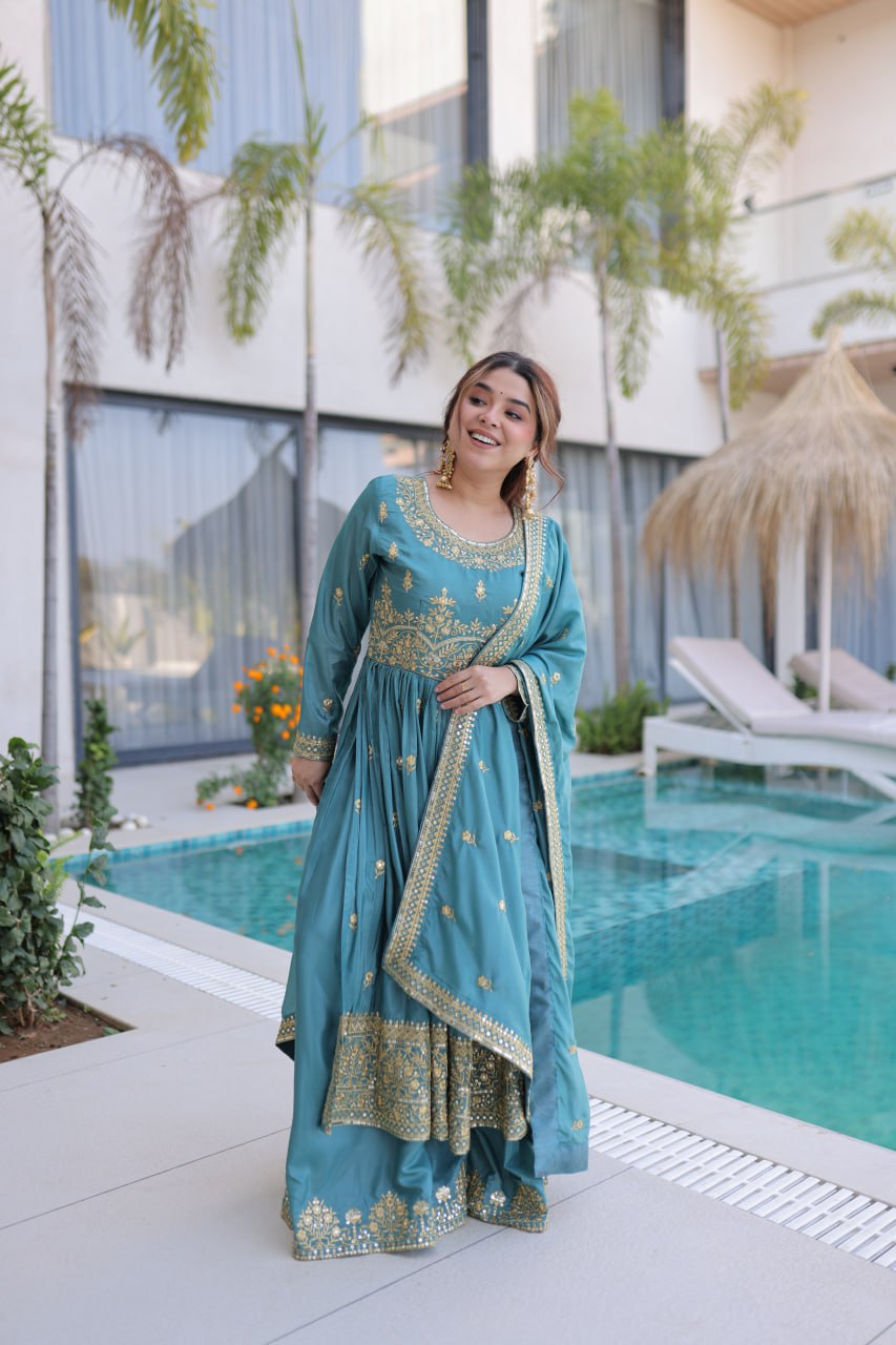 Premium Super Silk Sequin Embroidered Top Sharara Set with Dupatta