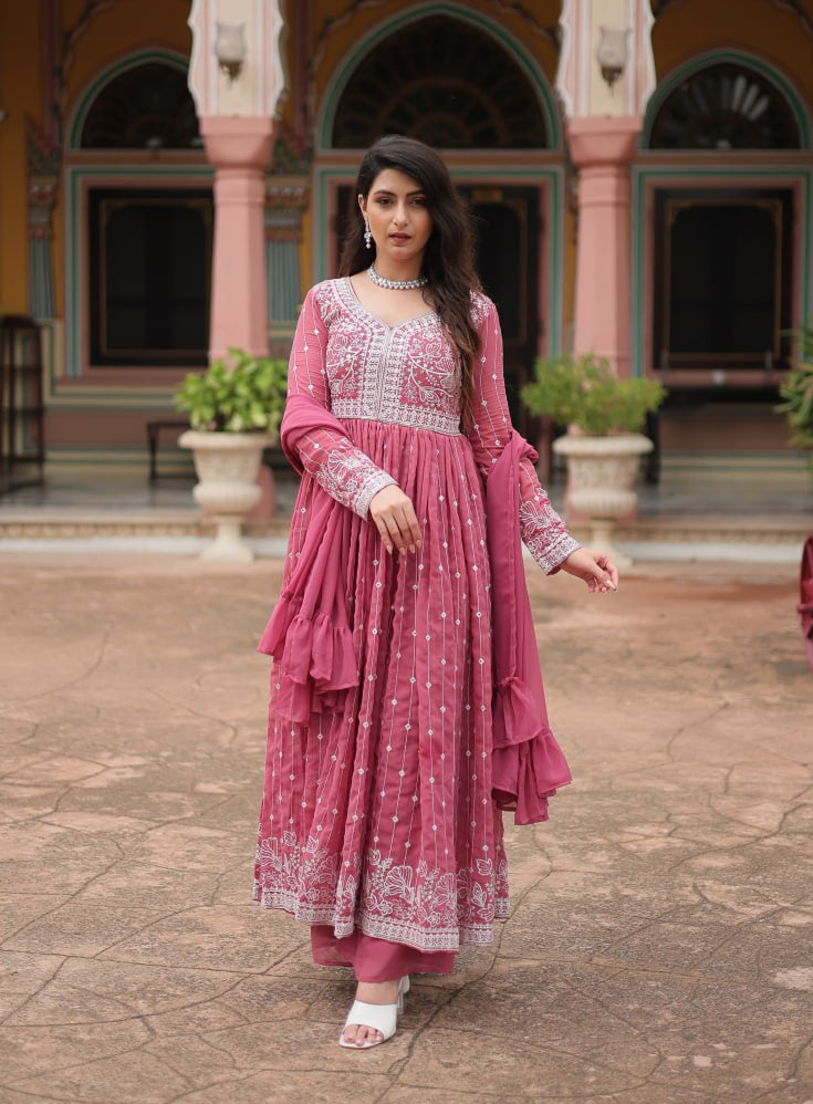 Premium Faux Georgette Sequin Embroidered Kurti Palazzo Set with Dupatta