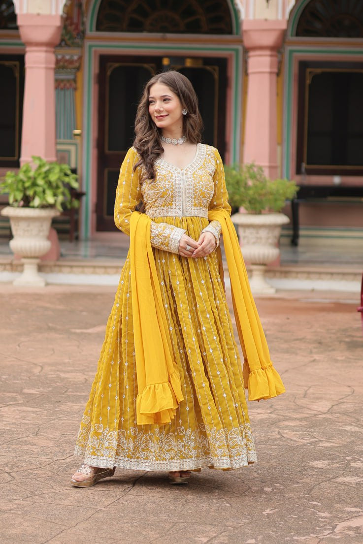 Premium Faux Georgette Sequin Embroidered Kurti Palazzo Set with Dupatta