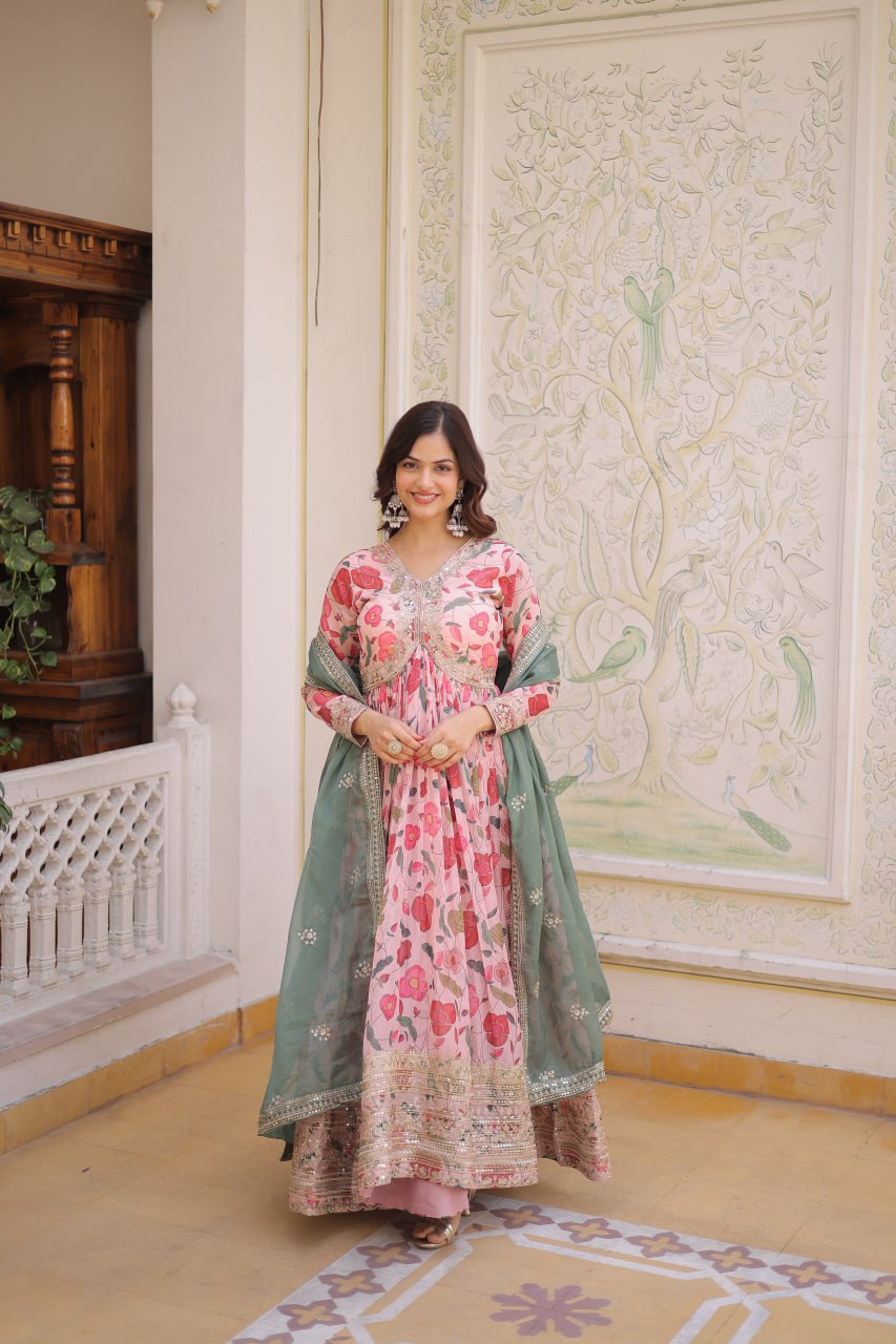 Premium Ready-to-Wear Alia Cut Gown with Dupatta in Digital Printed Russian Silk