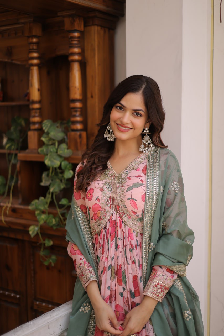 Premium Ready-to-Wear Alia Cut Gown with Dupatta in Digital Printed Russian Silk