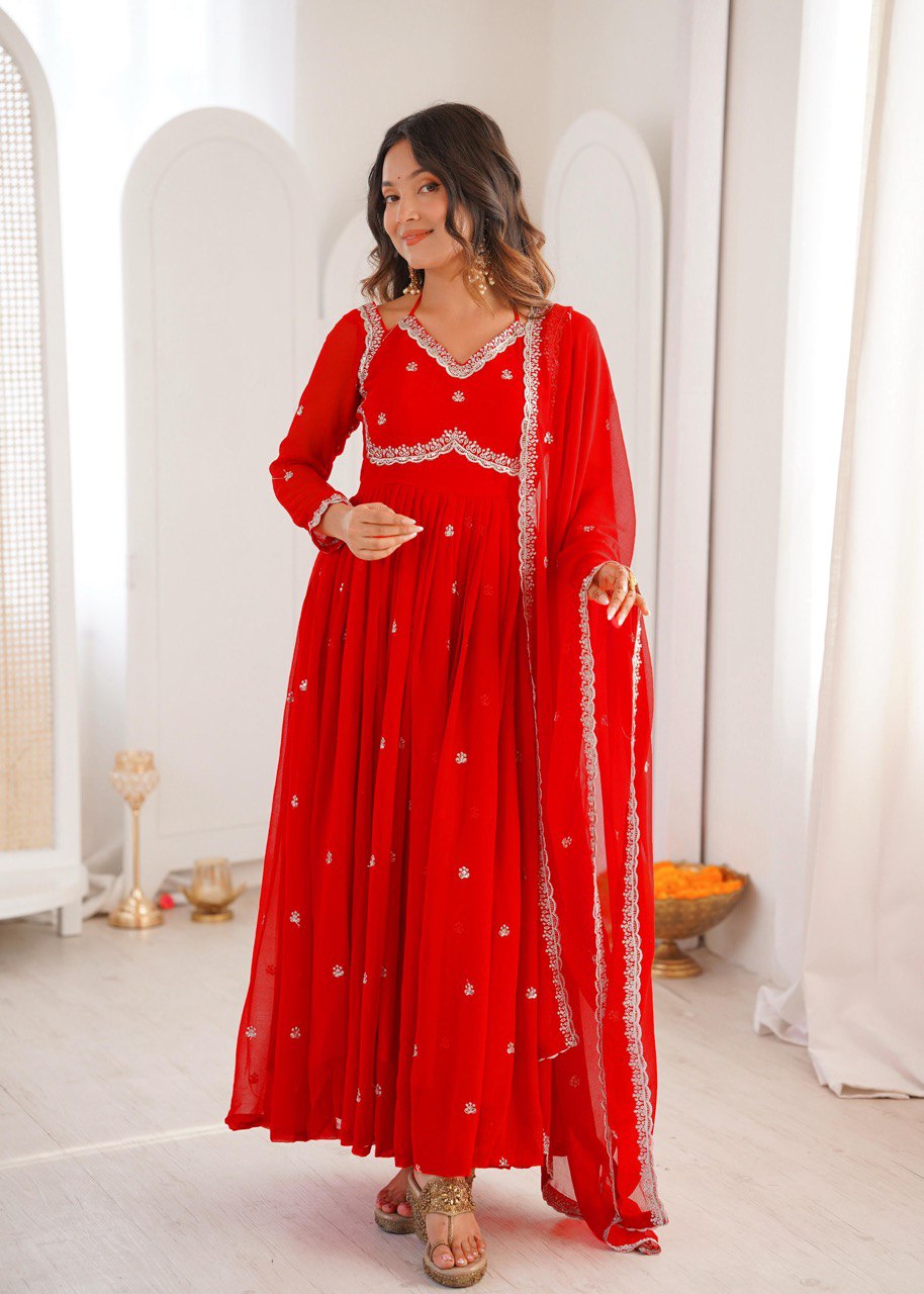 Elegant Georgette Gown Set with Pant & Embroidered Dupatta