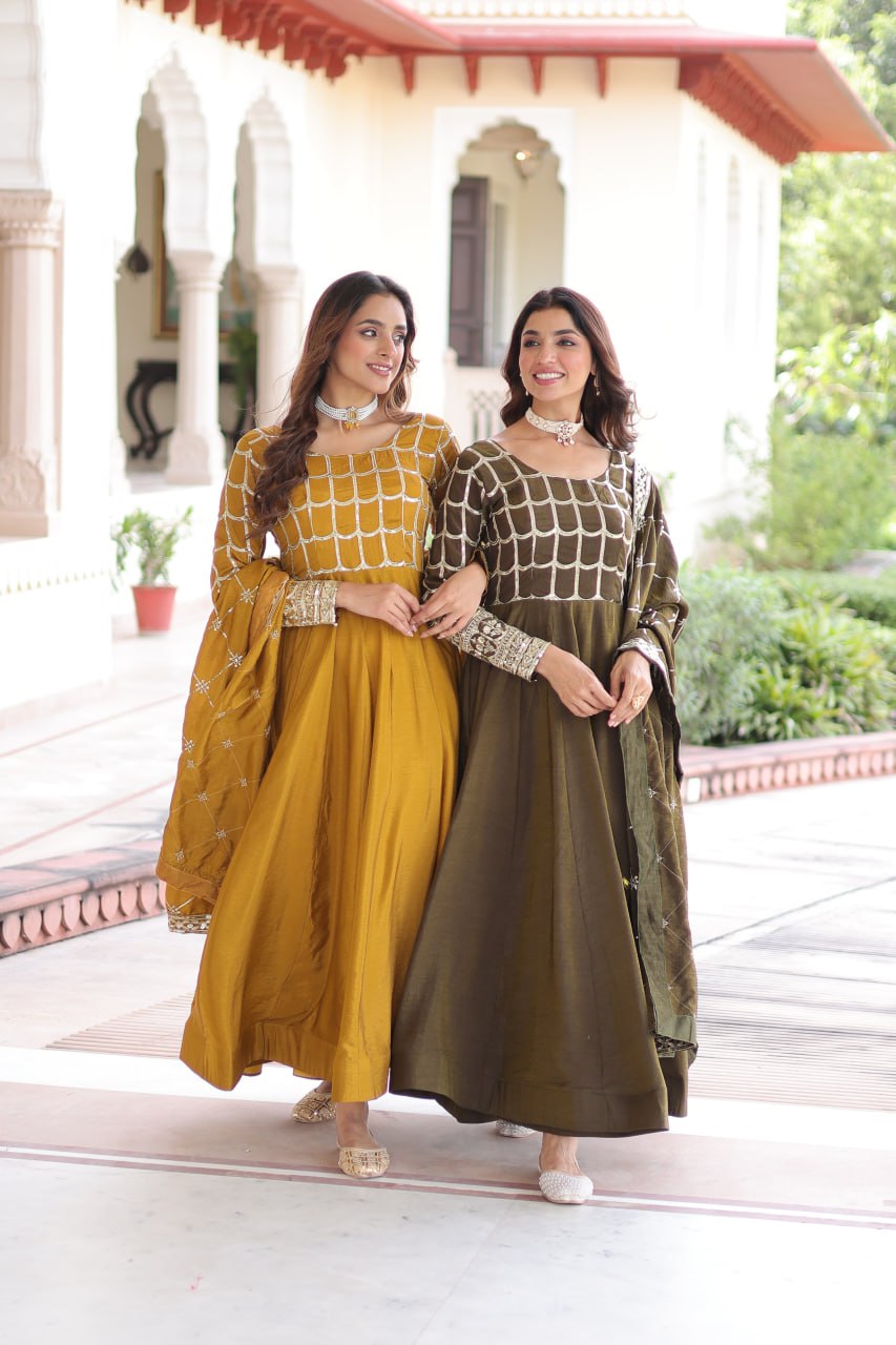 Vichitra Embroidered Gown with Dupatta – Mehendi & Mustard