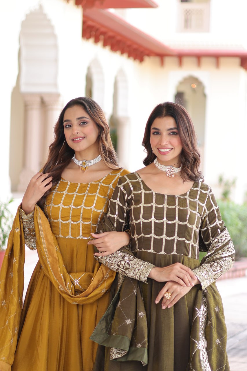 Vichitra Embroidered Gown with Dupatta – Mehendi & Mustard