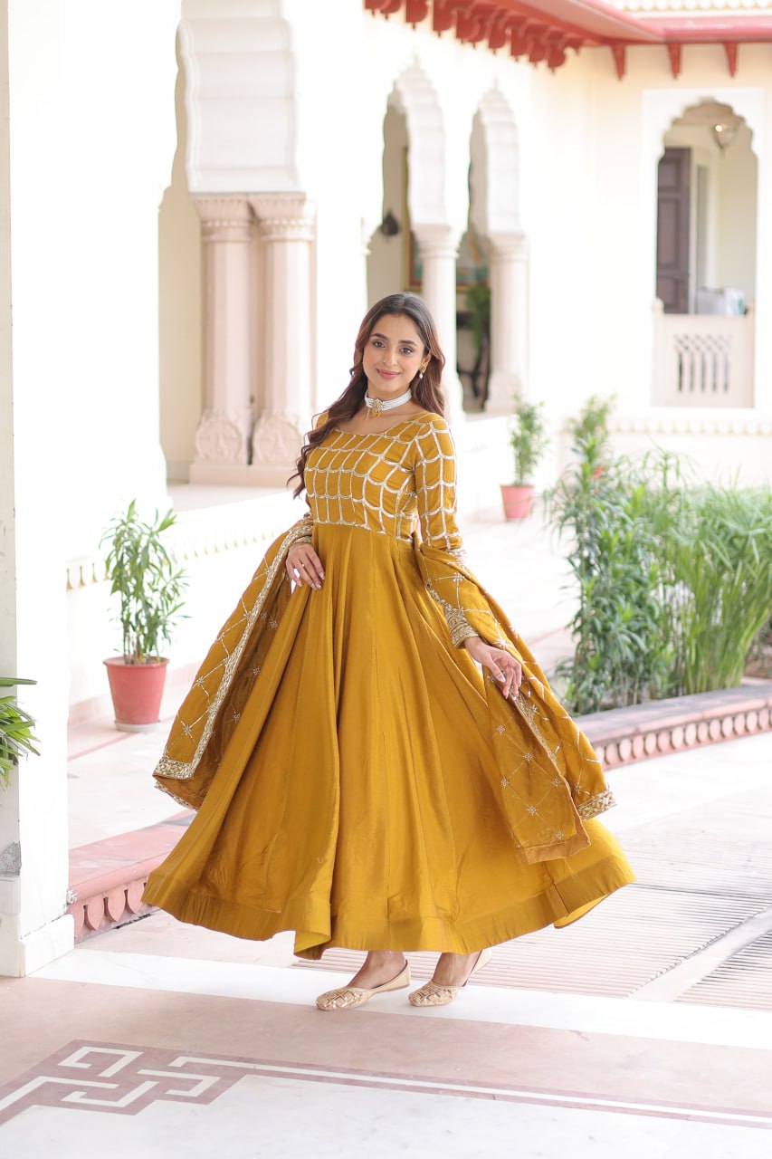 Vichitra Embroidered Gown with Dupatta – Mehendi & Mustard