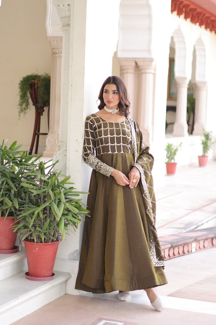 Vichitra Embroidered Gown with Dupatta – Mehendi & Mustard