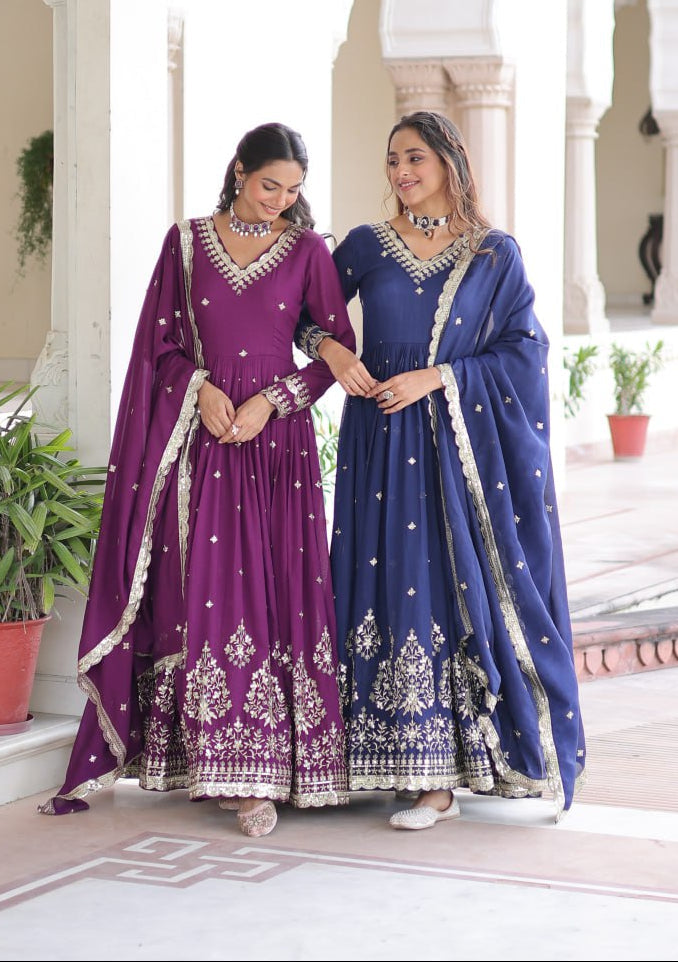 Vichitra Silk Embroidered Gown with Designer Dupatta | Fancy V-Neck | Festive Wear