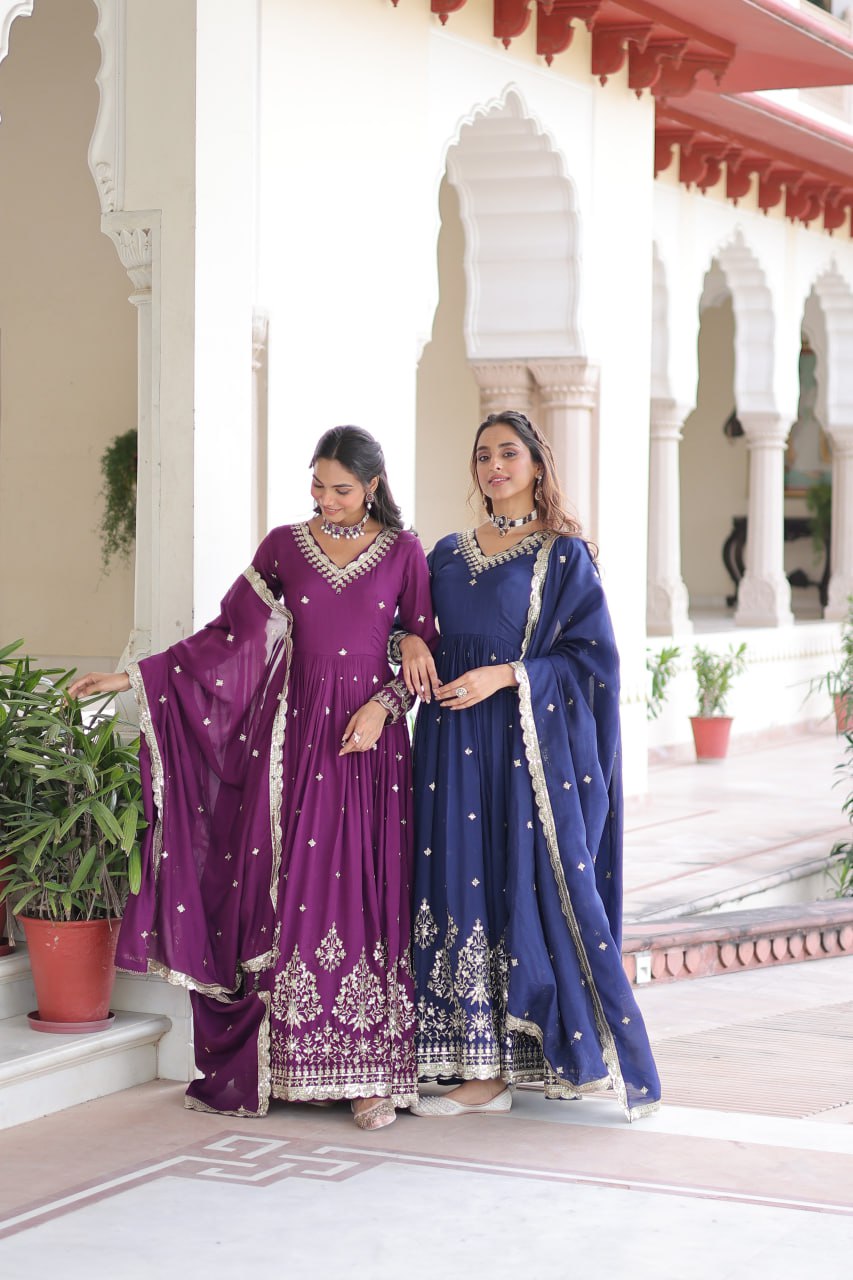 Vichitra Silk Embroidered Gown with Designer Dupatta | Fancy V-Neck | Festive Wear