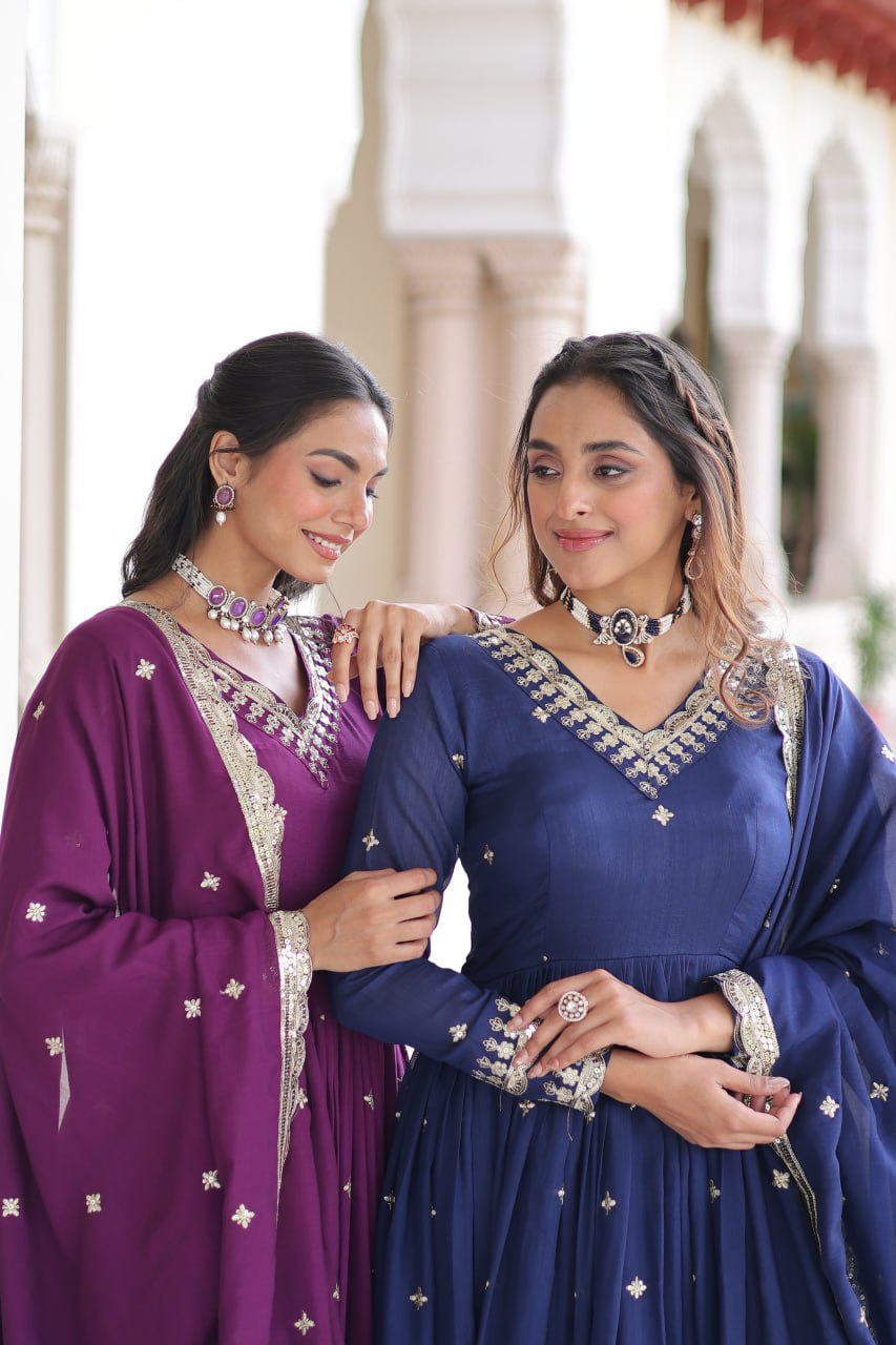 Vichitra Silk Embroidered Gown with Designer Dupatta | Fancy V-Neck | Festive Wear