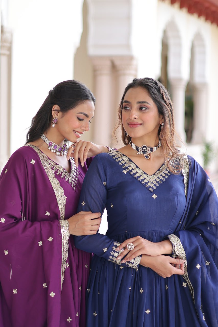 Vichitra Silk Embroidered Gown with Designer Dupatta | Fancy V-Neck | Festive Wear