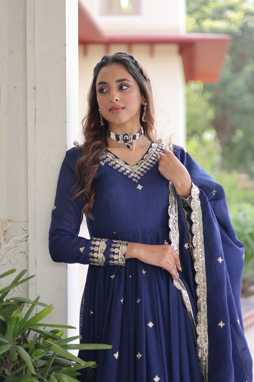 Vichitra Silk Embroidered Gown with Designer Dupatta | Fancy V-Neck | Festive Wear