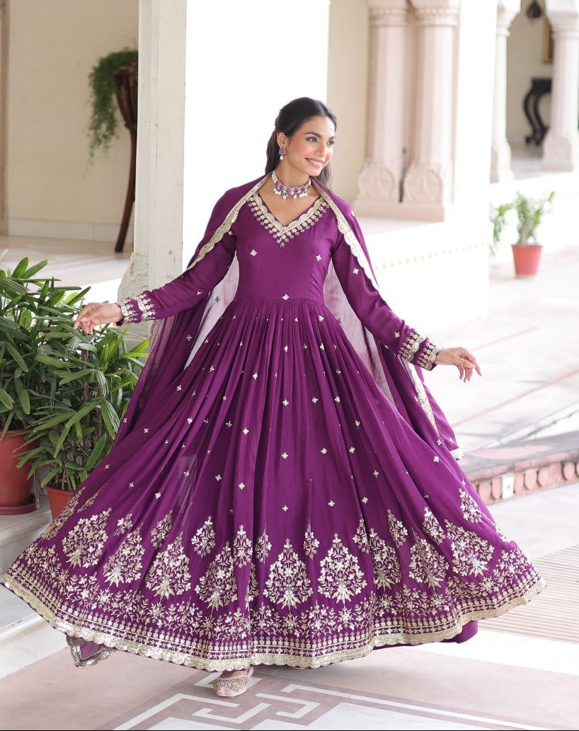 Vichitra Silk Embroidered Gown with Designer Dupatta | Fancy V-Neck | Festive Wear