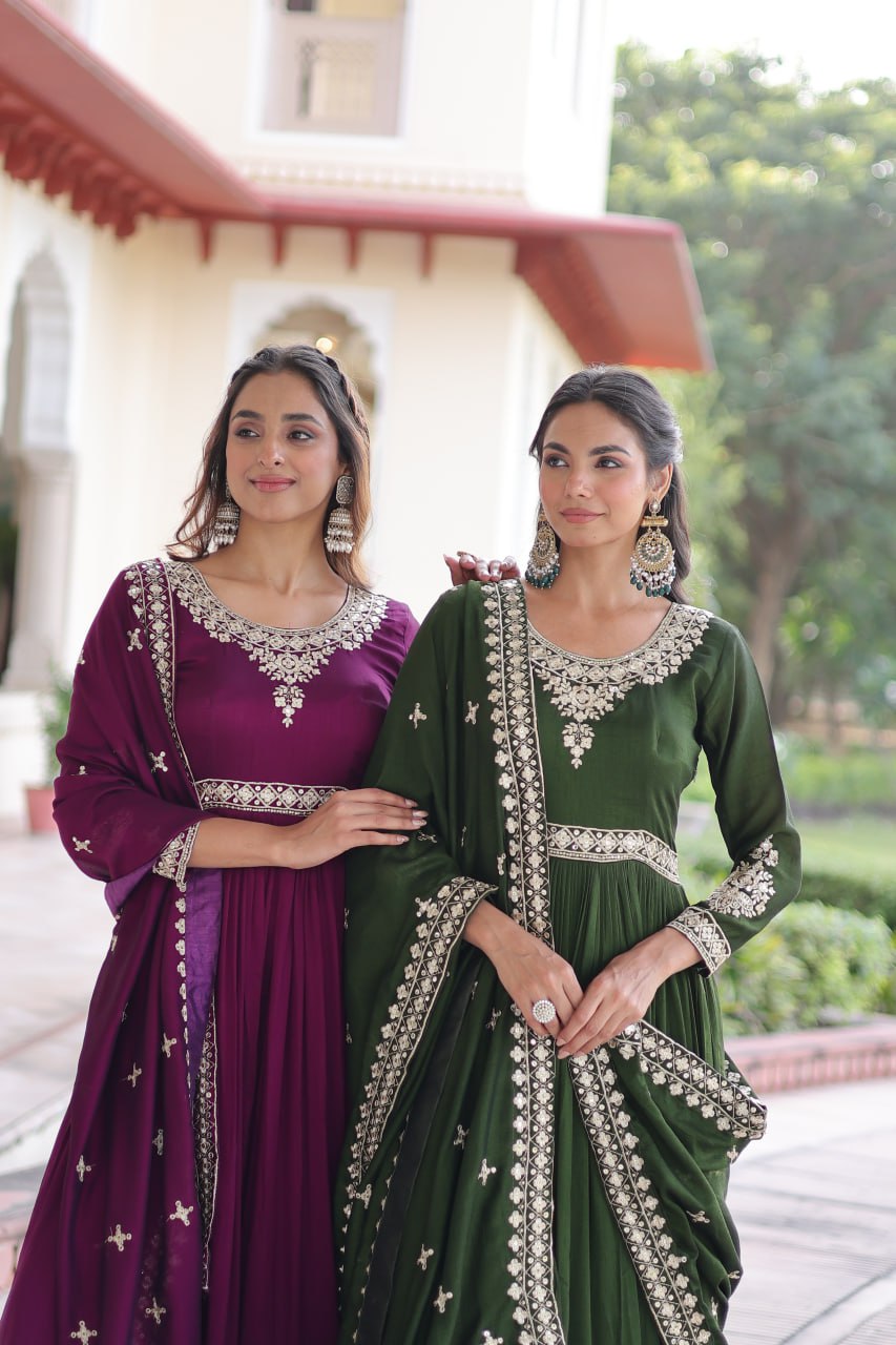 Premium Vichitra Silk Gown with Dupatta