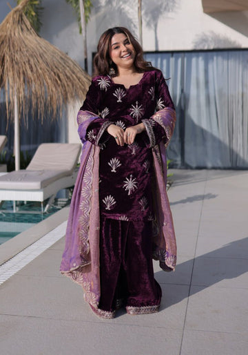 Elegant Ice Velvet Palazzo Set with Rich Zari Embroidery Kurta Set