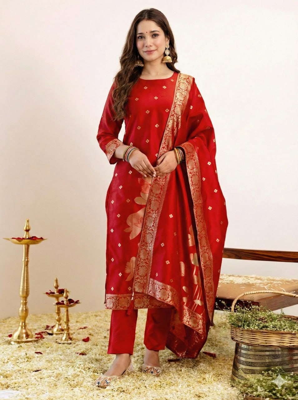 Women Designer Woven Kurta Pant Set with Banarasi Dupatta