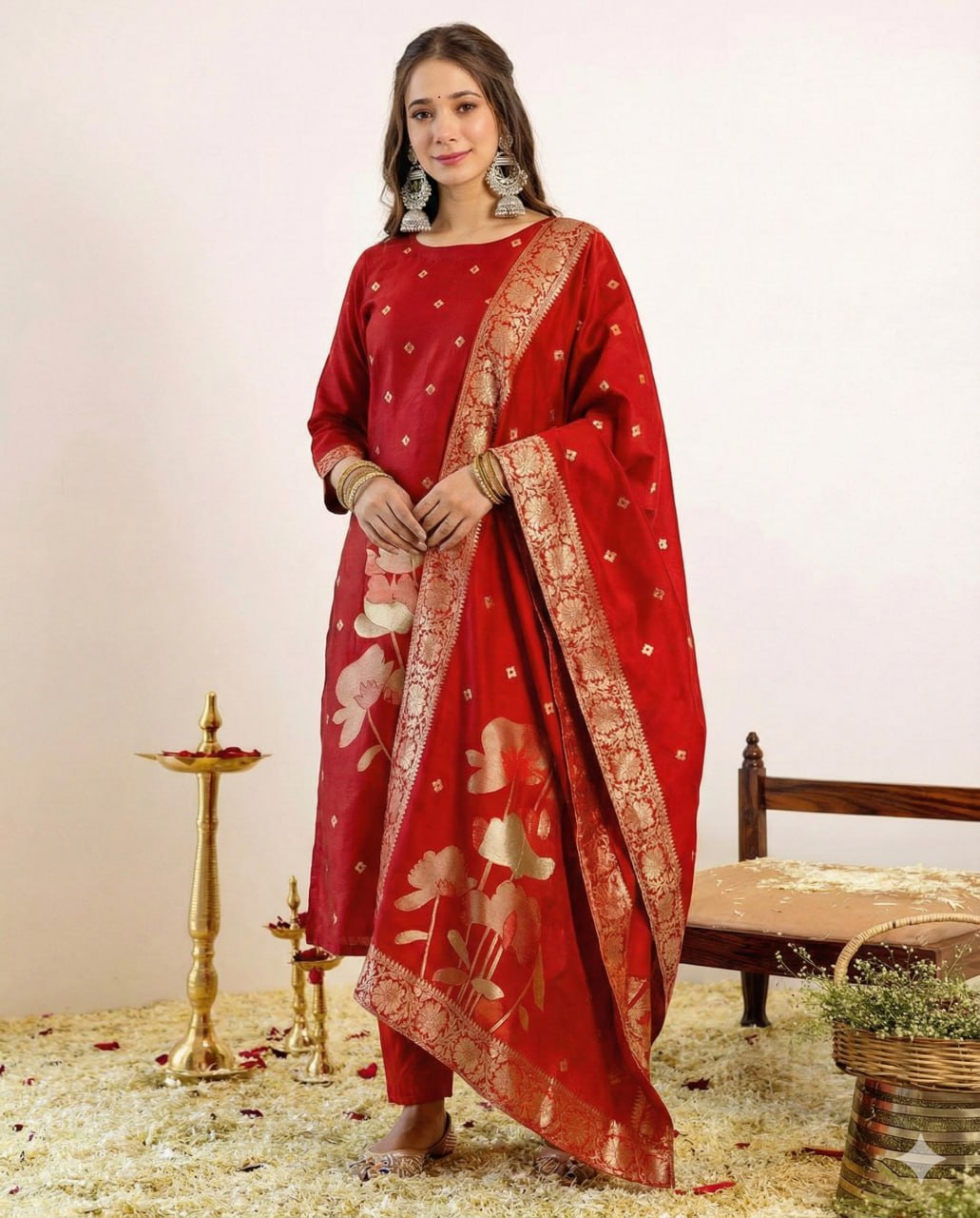 Women Designer Woven Kurta Pant Set with Banarasi Dupatta