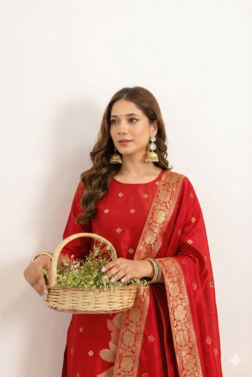 Women Designer Woven Kurta Pant Set with Banarasi Dupatta