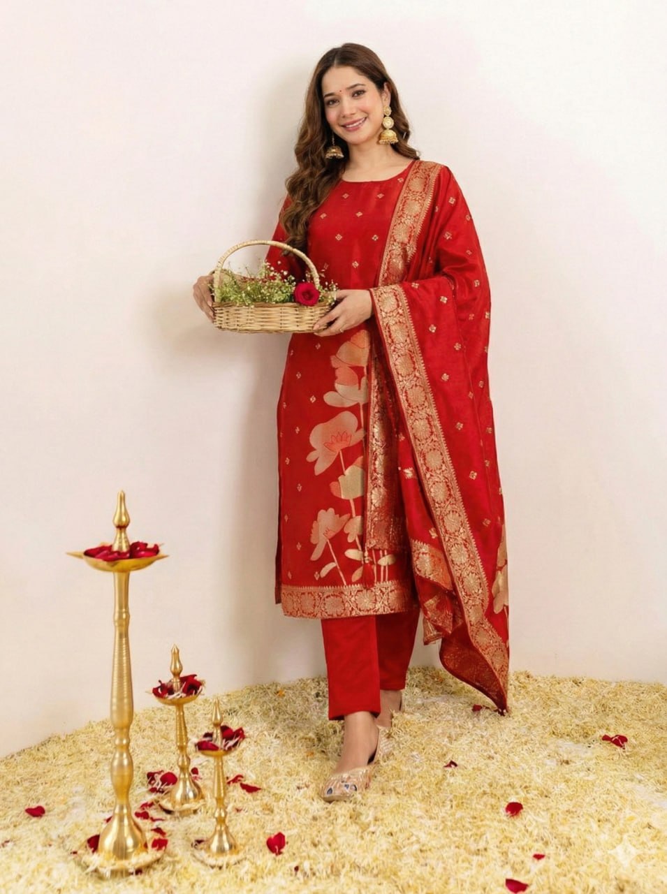 Women Designer Woven Kurta Pant Set with Banarasi Dupatta
