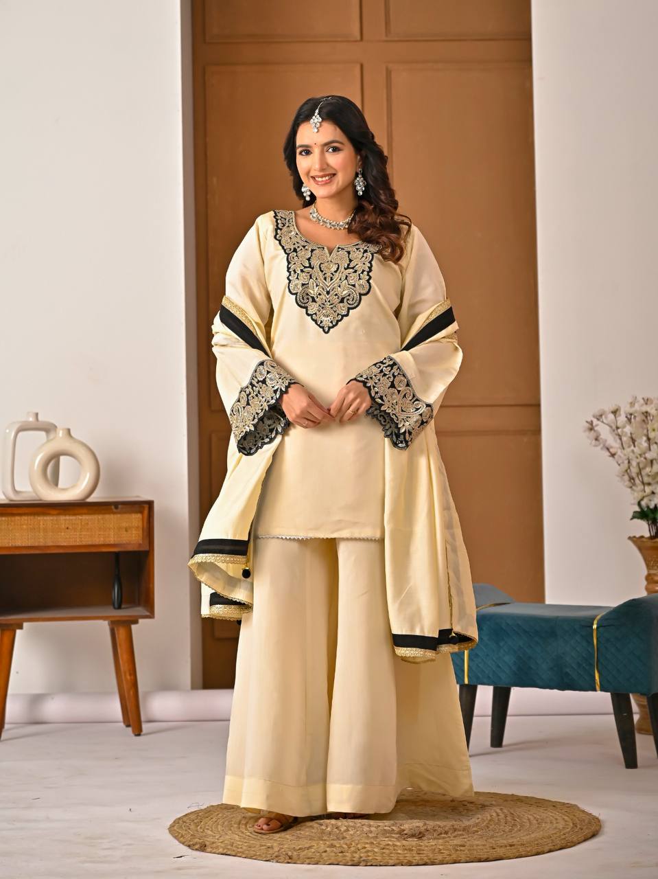 Regal Ivory Ethnic Set with Black & Gold Embroidery
