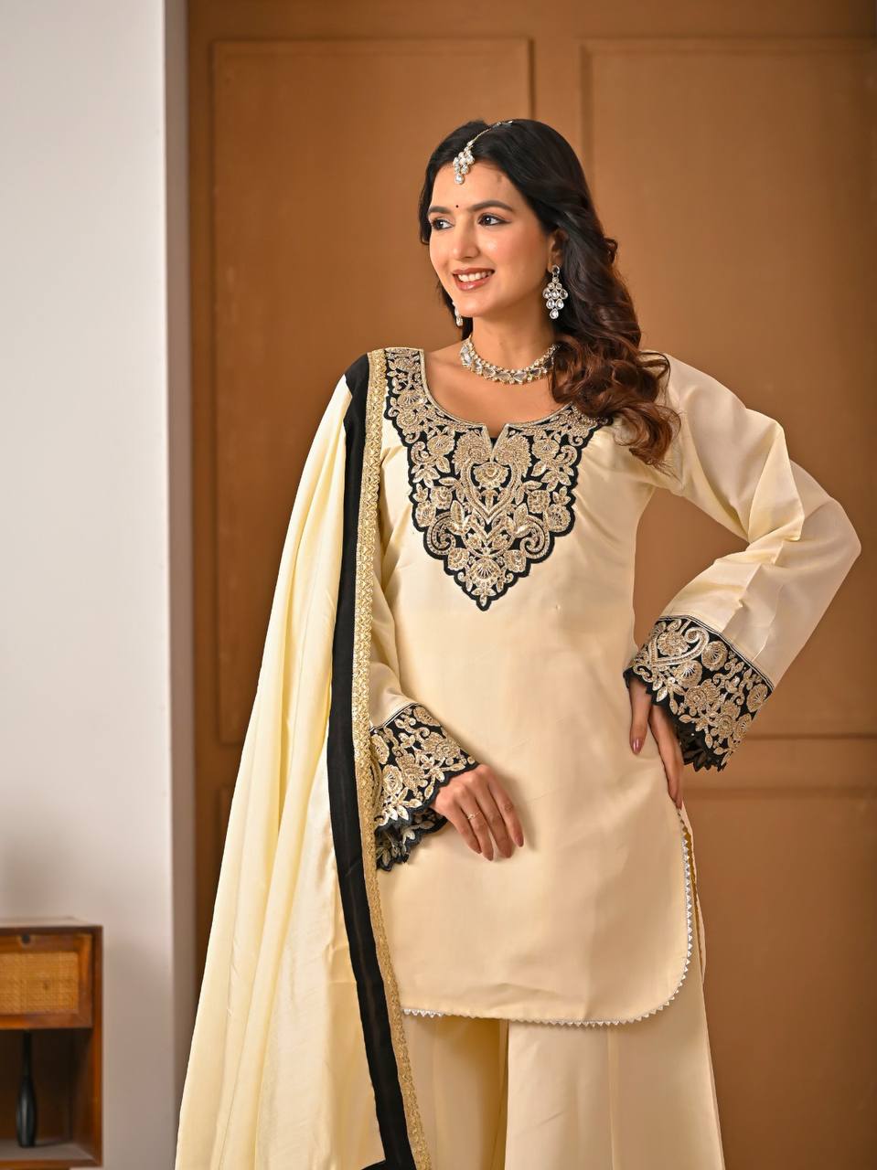 Regal Ivory Ethnic Set with Black & Gold Embroidery
