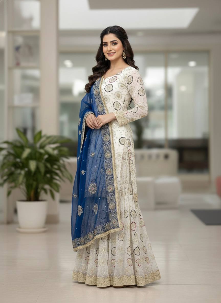 Royal Embroidered Kurta Sharara Set with Contrast Dupatta