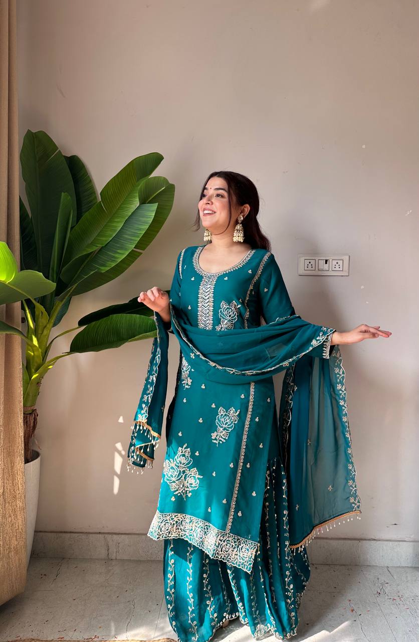 Fox Georgette Sequin Embroidered Kurti Gharara Set with Dupatta