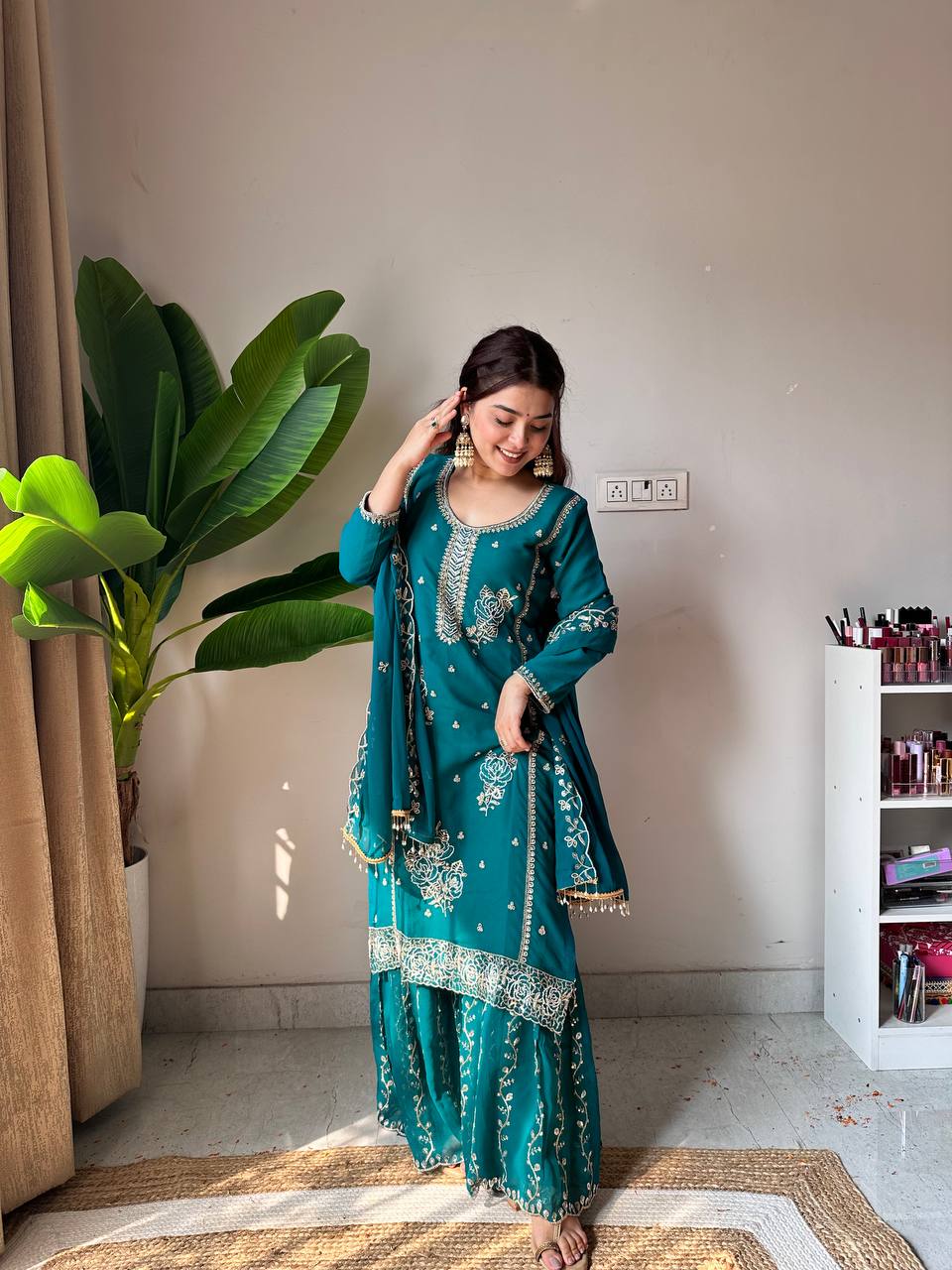Fox Georgette Sequin Embroidered Kurti Gharara Set with Dupatta