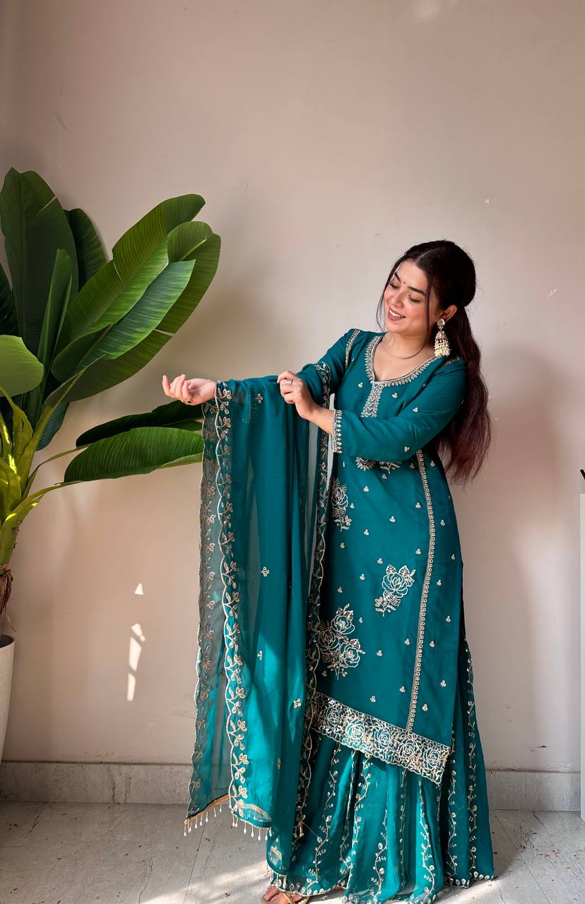 Fox Georgette Sequin Embroidered Kurti Gharara Set with Dupatta