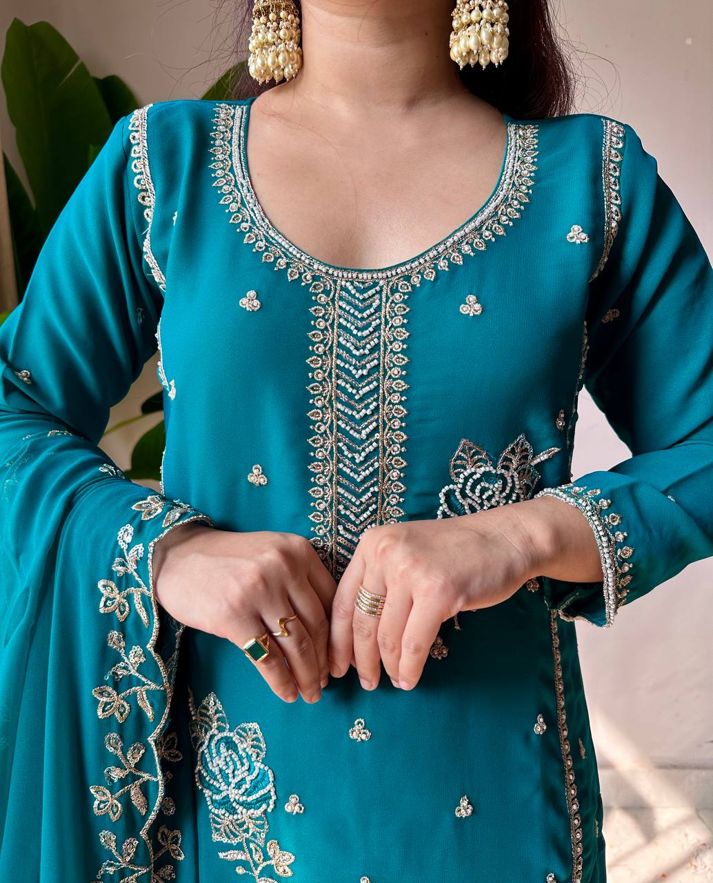 Fox Georgette Sequin Embroidered Kurti Gharara Set with Dupatta
