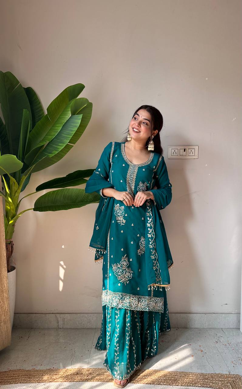 Fox Georgette Sequin Embroidered Kurti Gharara Set with Dupatta