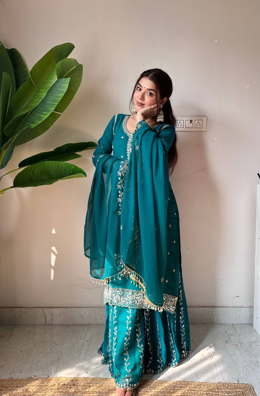 Fox Georgette Sequin Embroidered Kurti Gharara Set with Dupatta