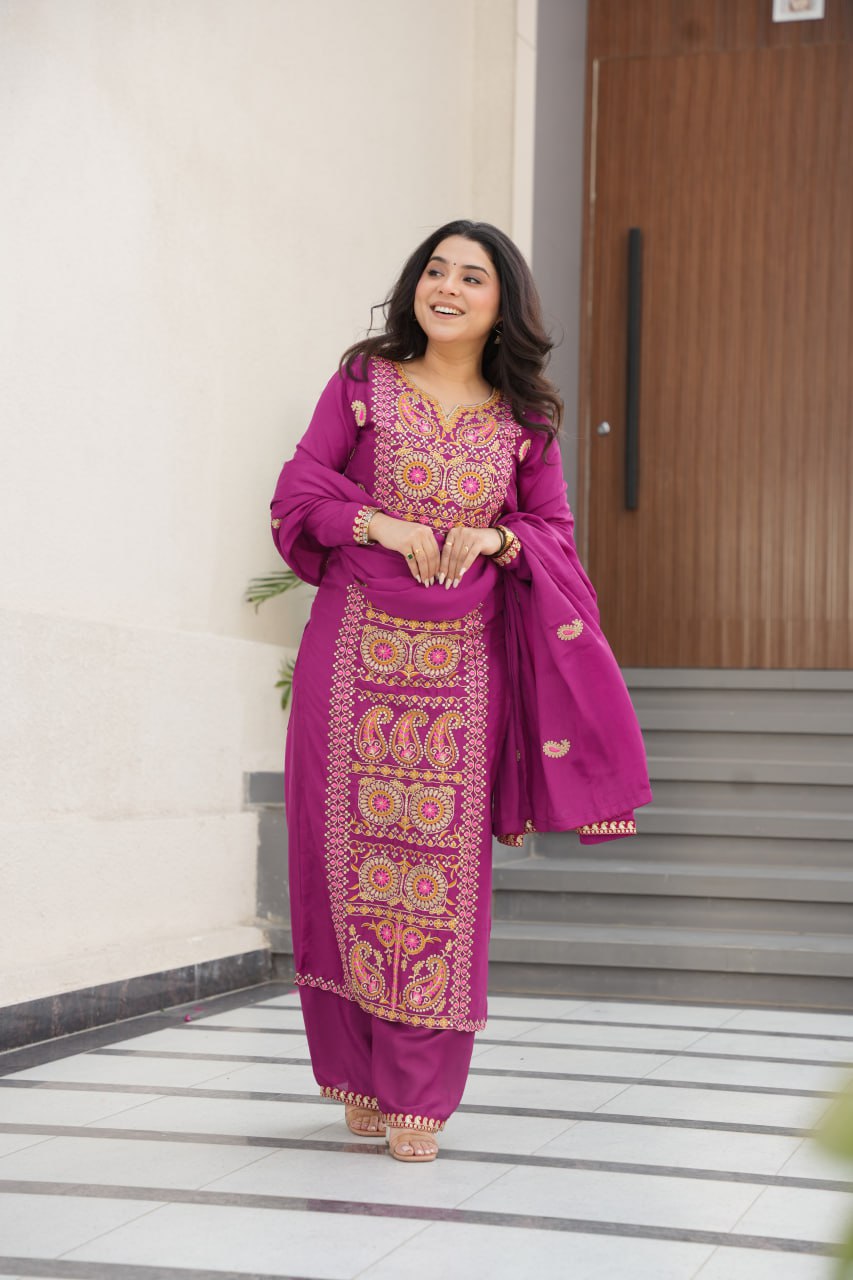 Elegant Chinnon Embroidered Top Pant Set with Lace Work and Dupatta