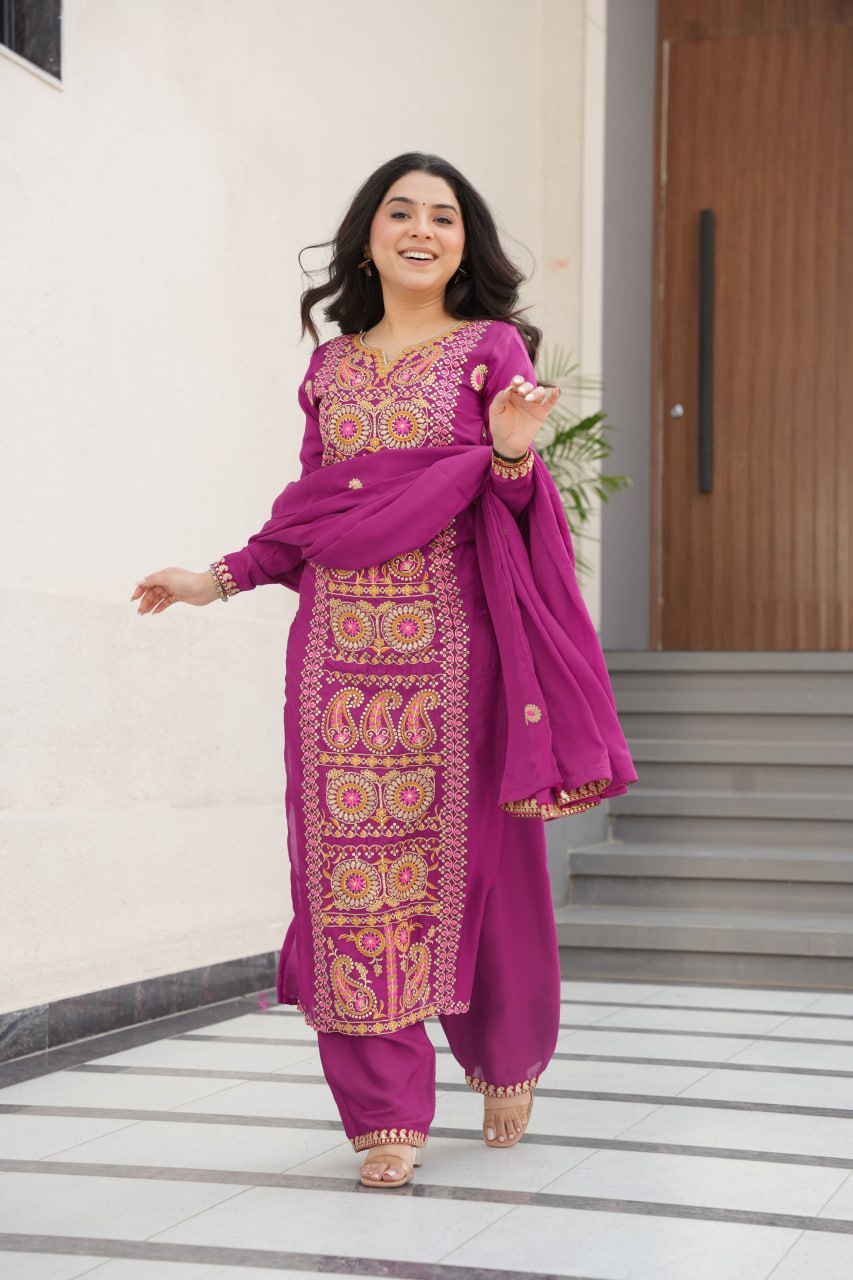 Elegant Chinnon Embroidered Top Pant Set with Lace Work and Dupatta