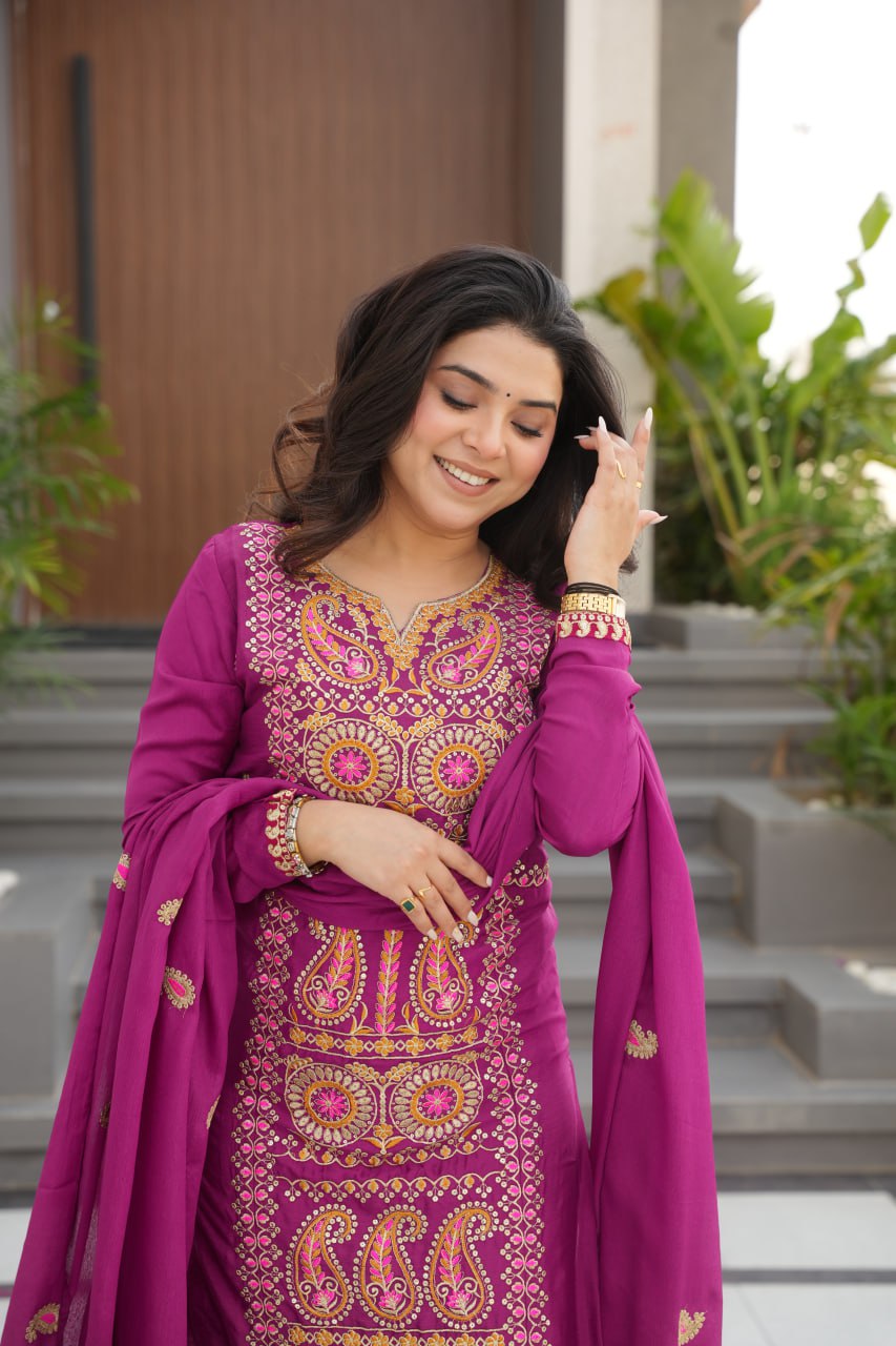 Elegant Chinnon Embroidered Top Pant Set with Lace Work and Dupatta