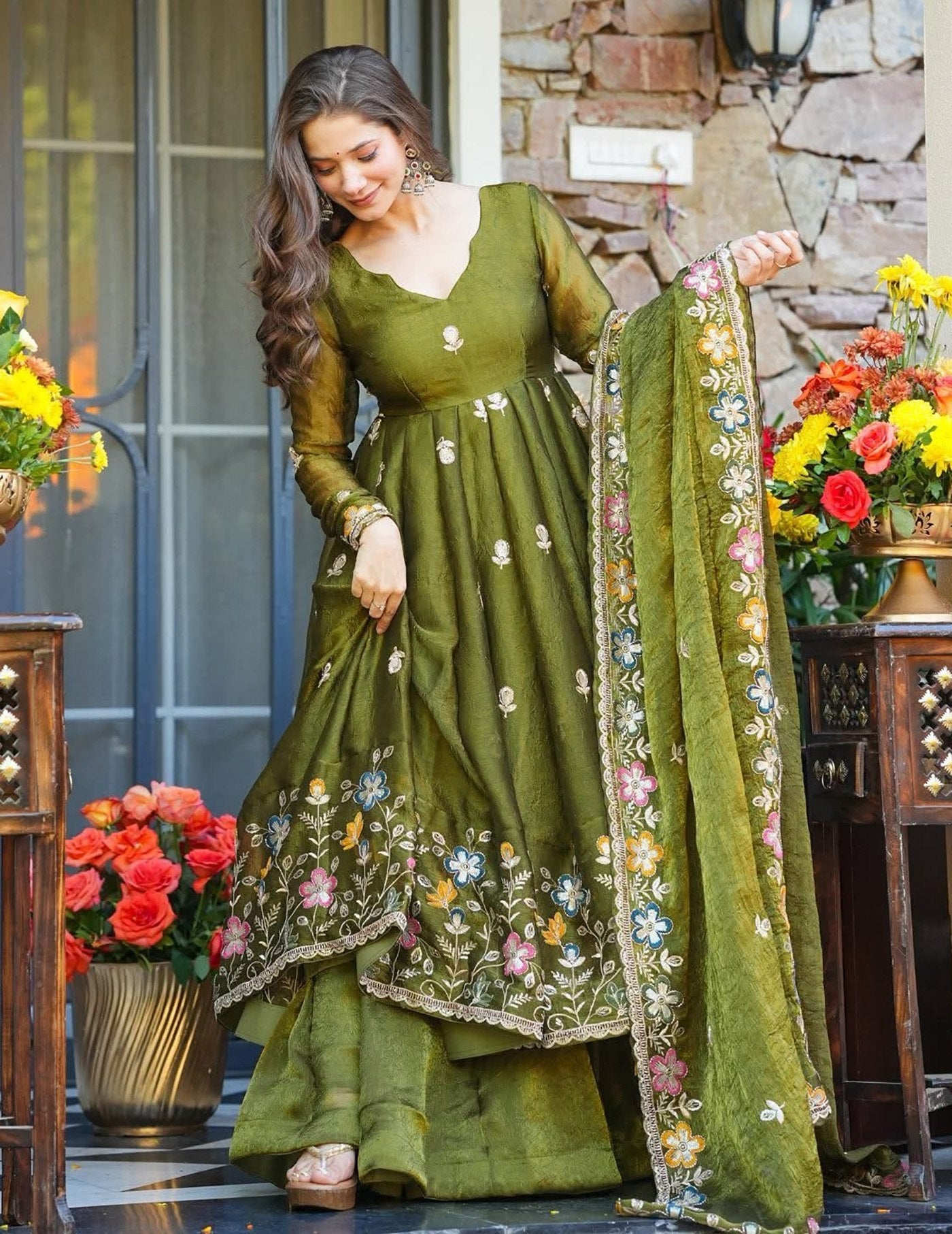Women Designer Floral Embroidered Anarkali Suit Set