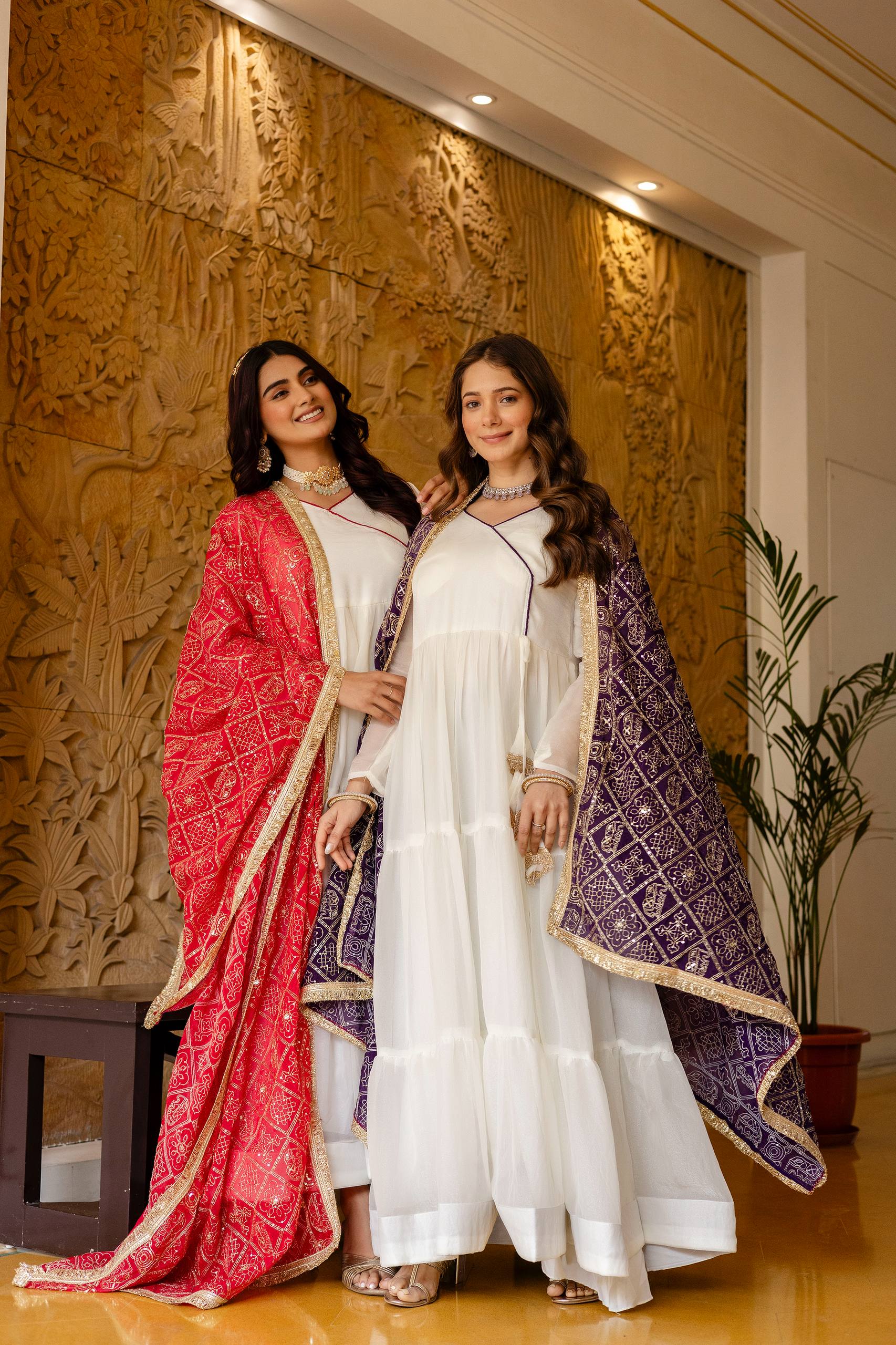 Women Designer Plain Gown with Vintage Embroidered Dupatta