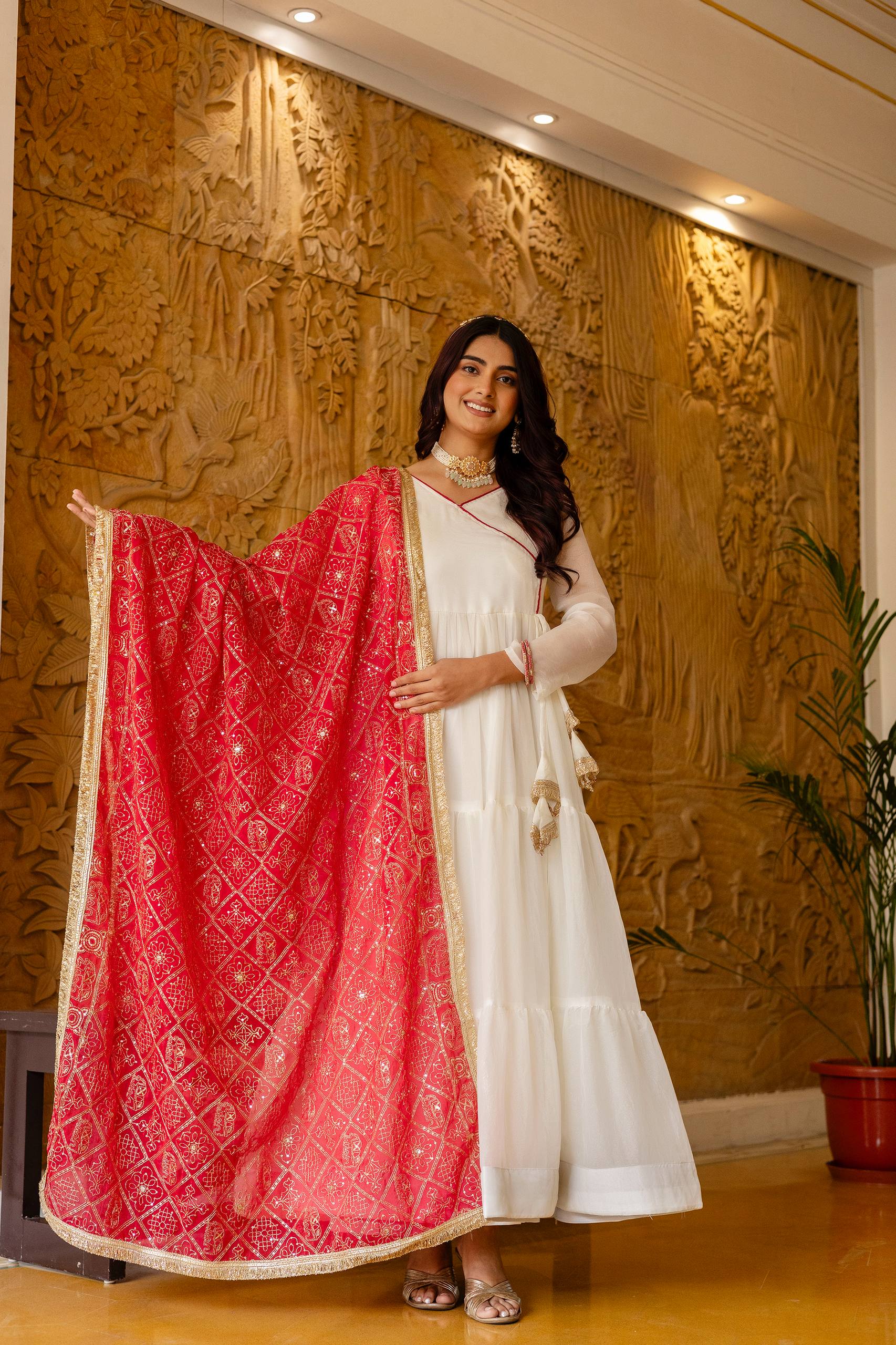 Women Designer Plain Gown with Vintage Embroidered Dupatta