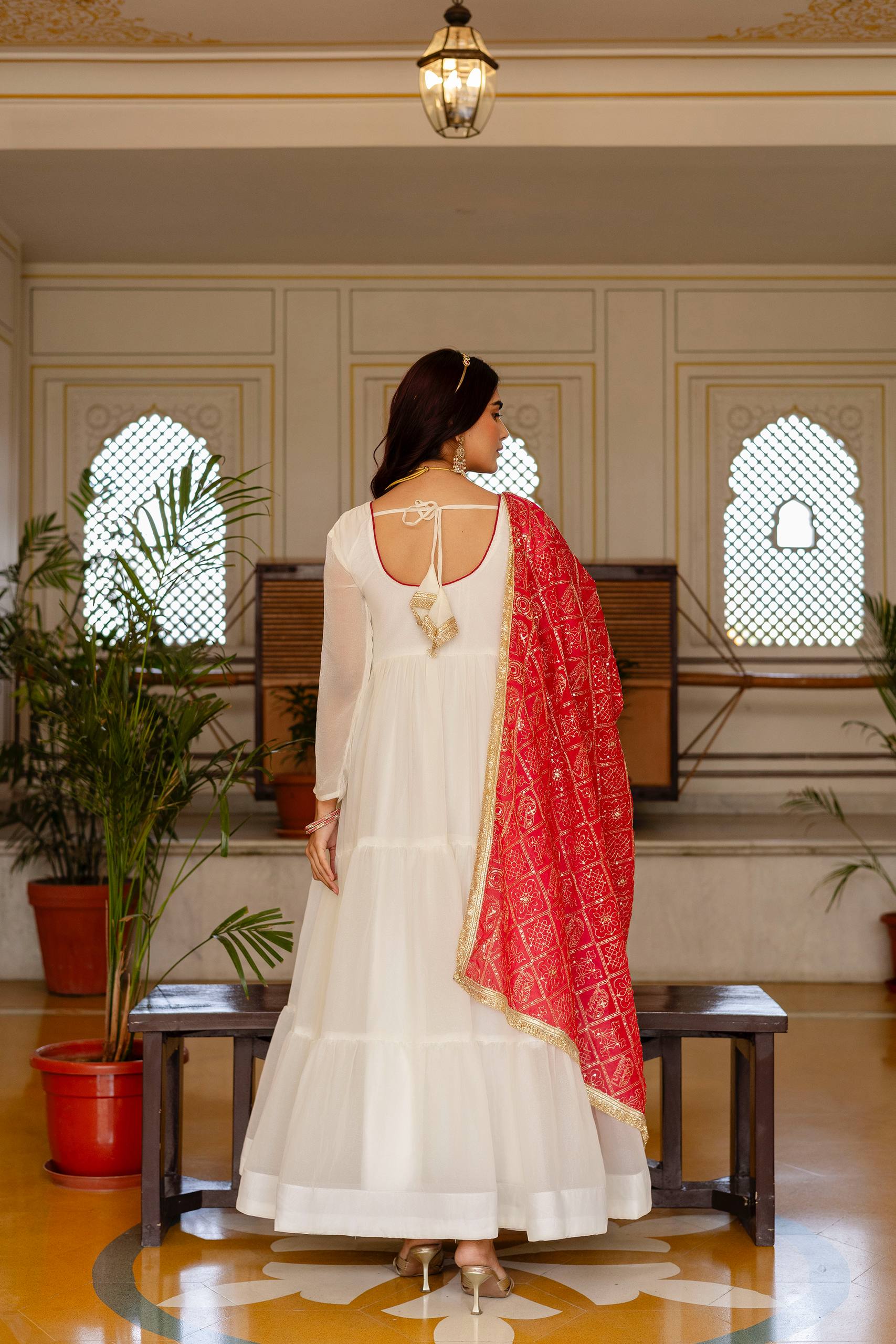 Women Designer Plain Gown with Vintage Embroidered Dupatta