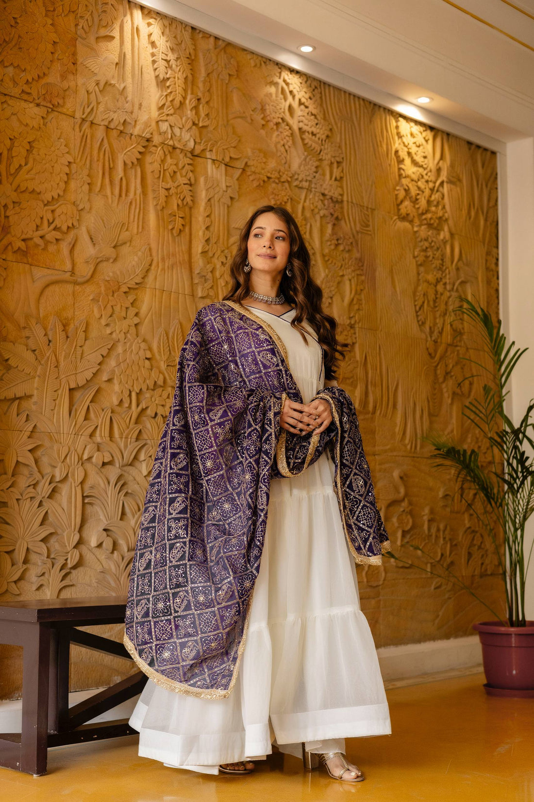 Women Designer Plain Gown with Vintage Embroidered Dupatta