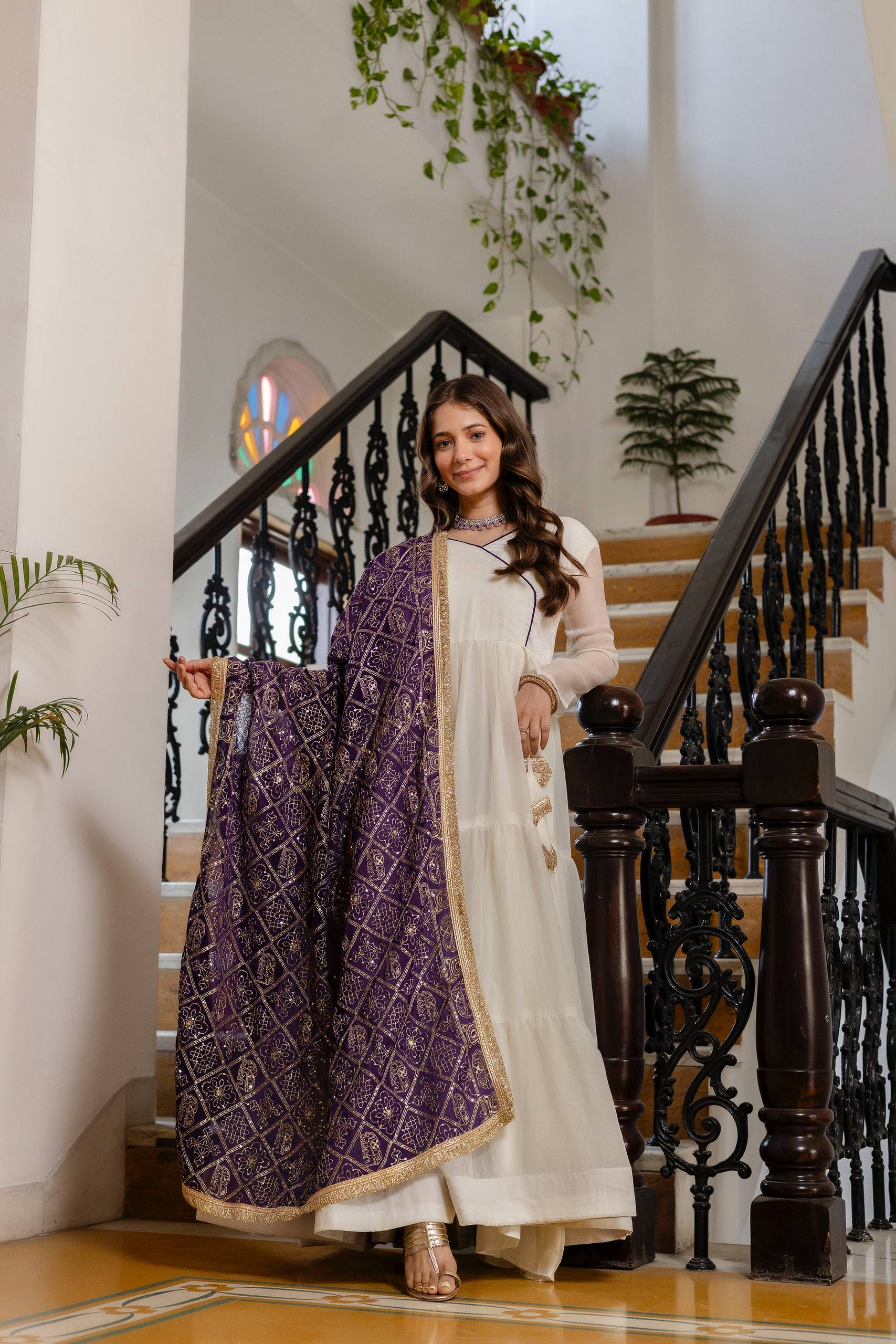 Women Designer Plain Gown with Vintage Embroidered Dupatta