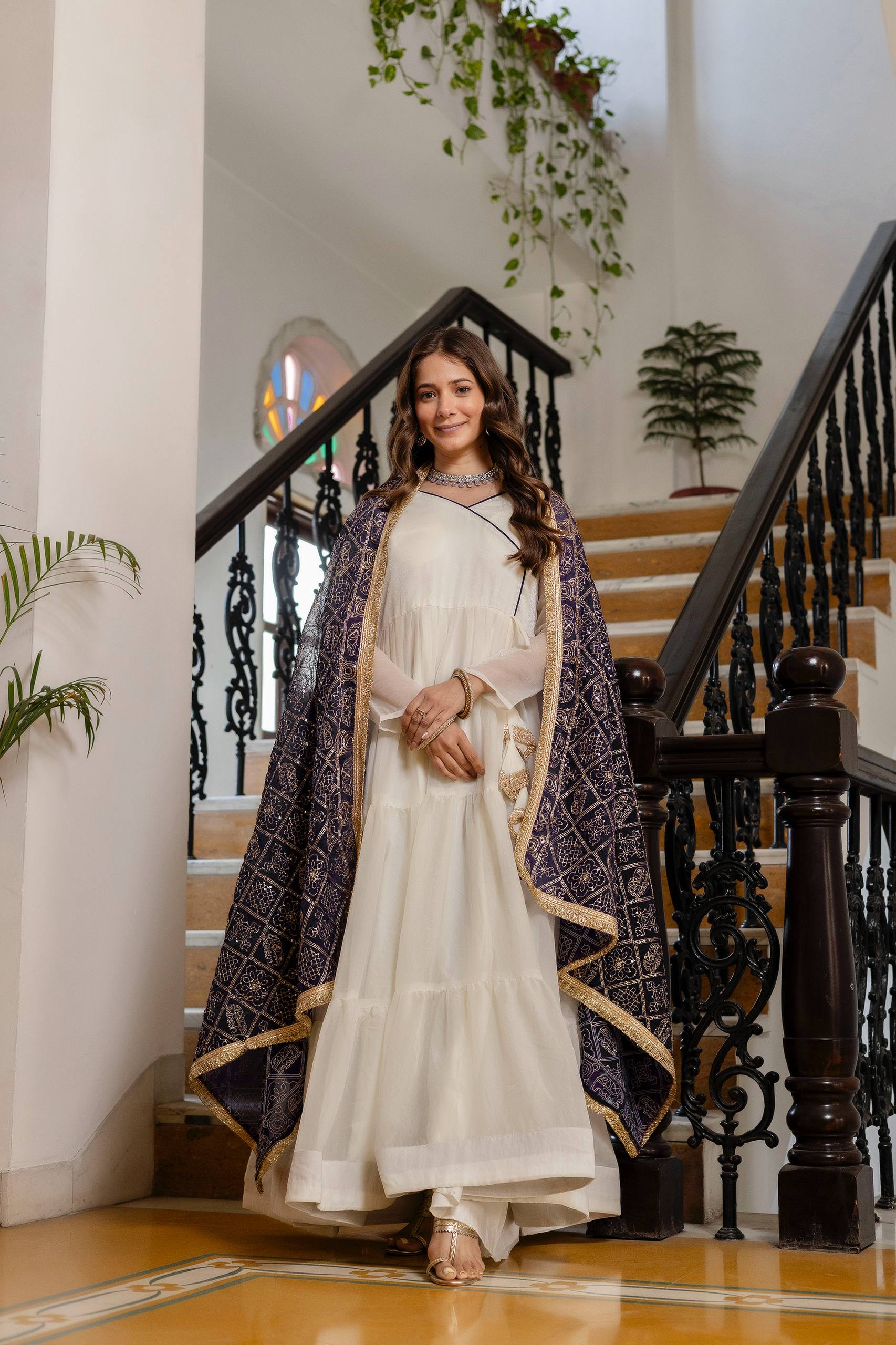 Women Designer Plain Gown with Vintage Embroidered Dupatta
